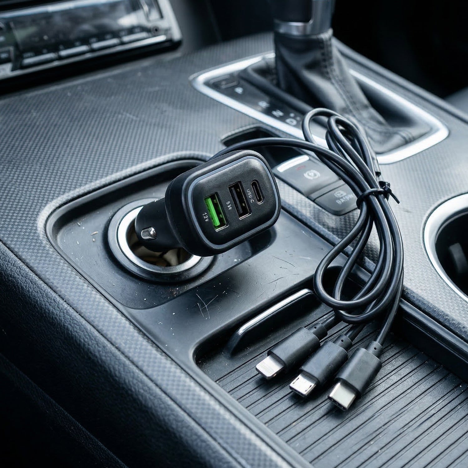 Car charger adapter with multiple USB ports and LED lighting