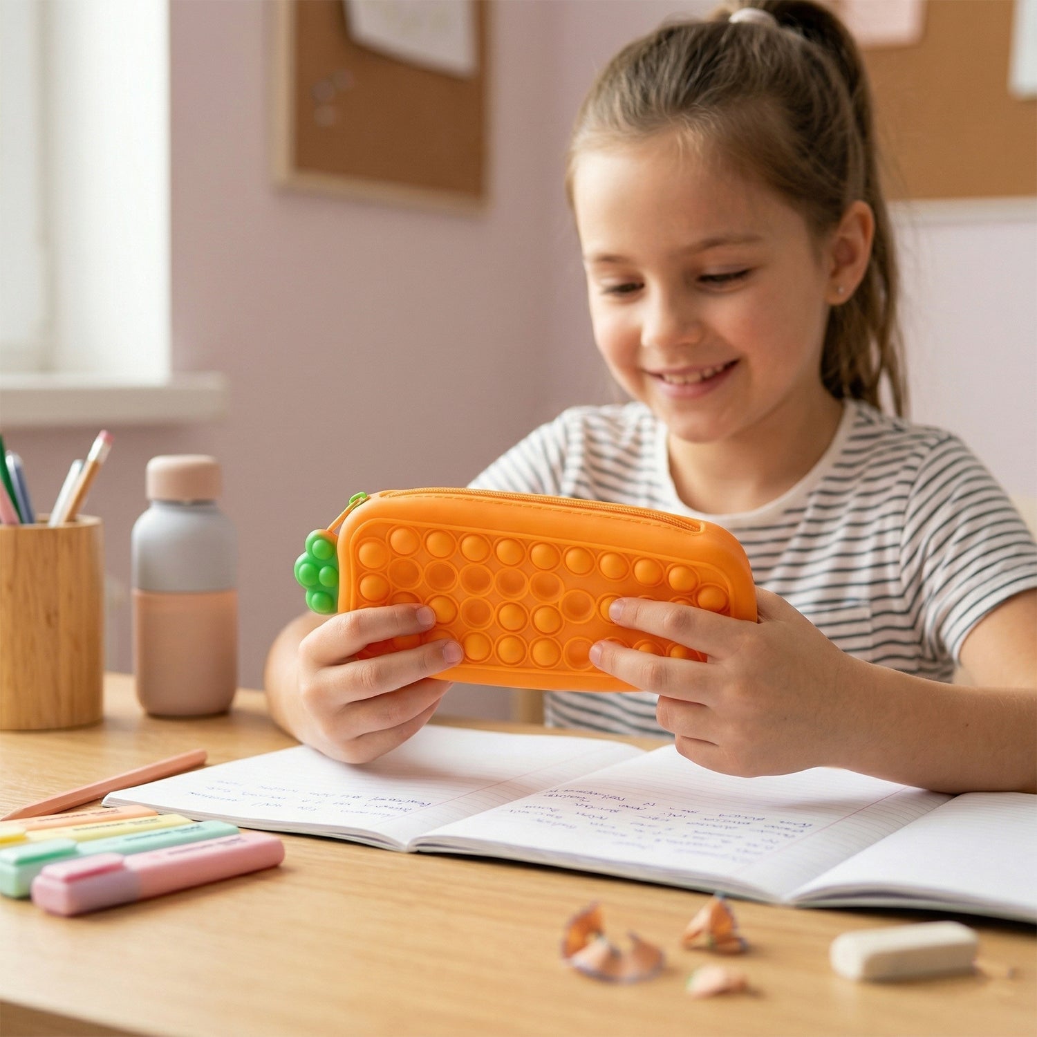Close-up of Pop It silicone bubbles on pencil pouch