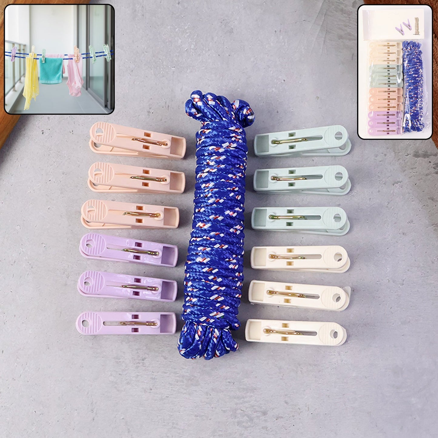 Clothesline rope with 12 pastel clips for laundry drying