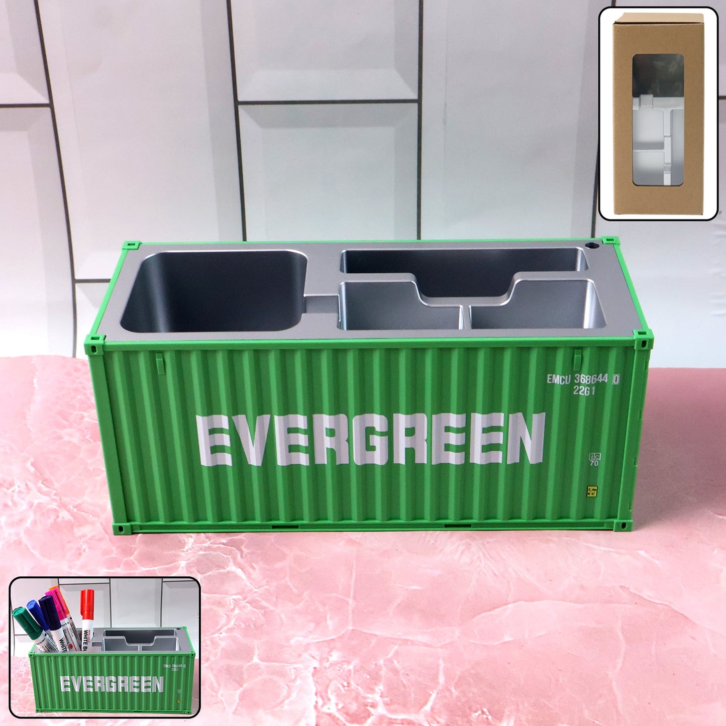Container-style desk organizer holding pens and stationery on office desk.