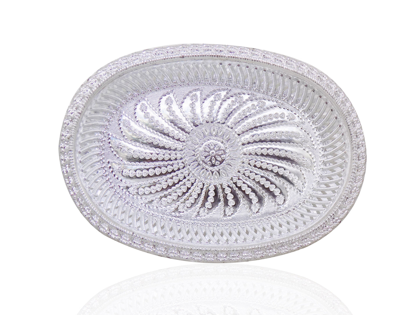 Top-down view of the oval silver serving tray, ideal for festive spreads.