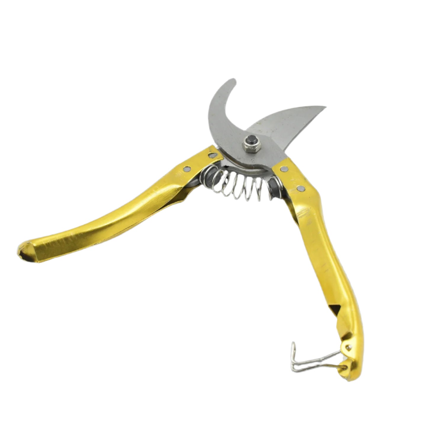 Ergonomic garden shears cleanly cutting a green stem, demonstrating their effective pruning action.