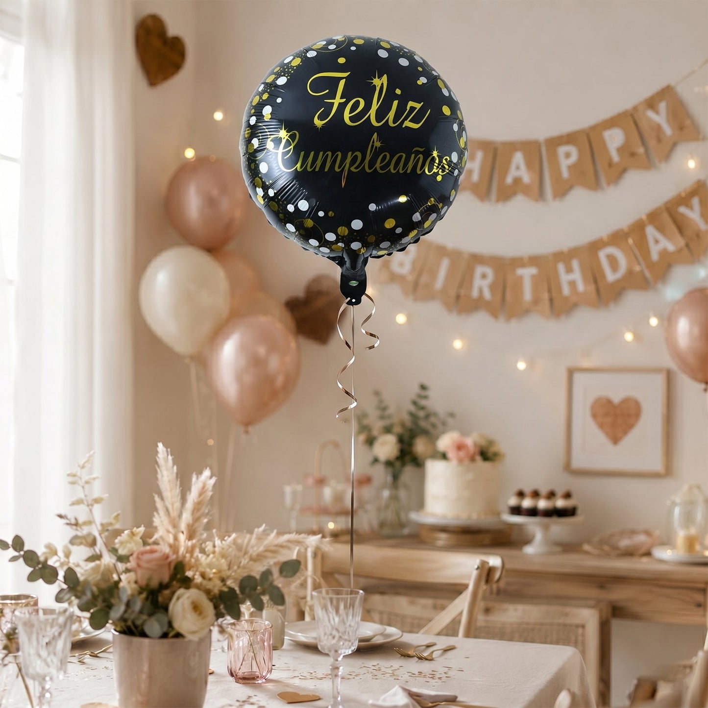 Angled view of black foil birthday balloon