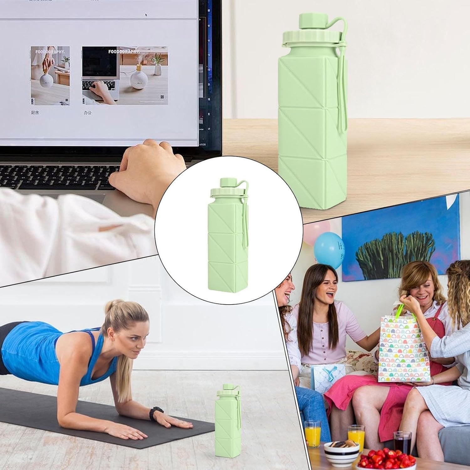 Foldable water bottle fully opened showing collapsible design