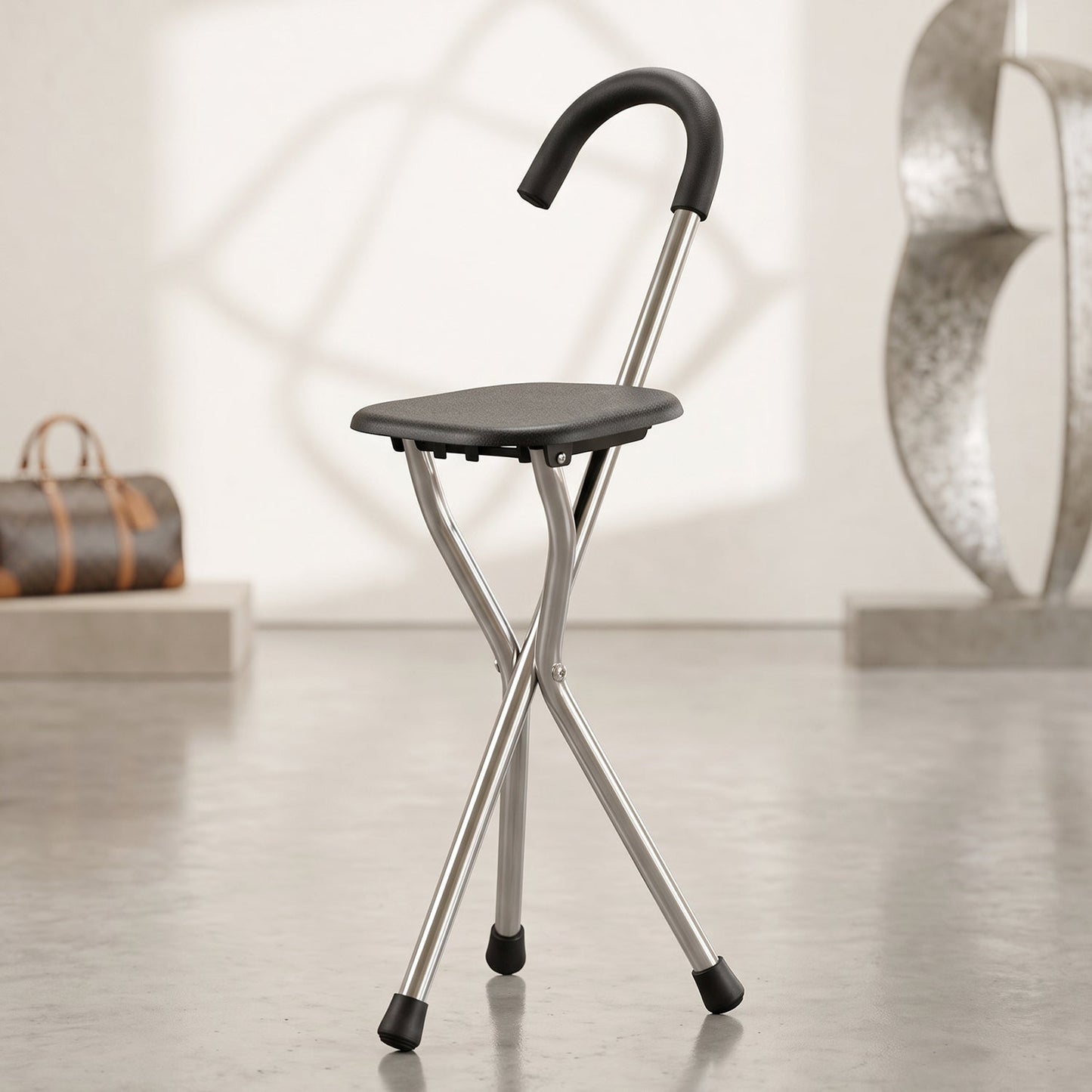 Adjustable folding walking stick with seat for stable support