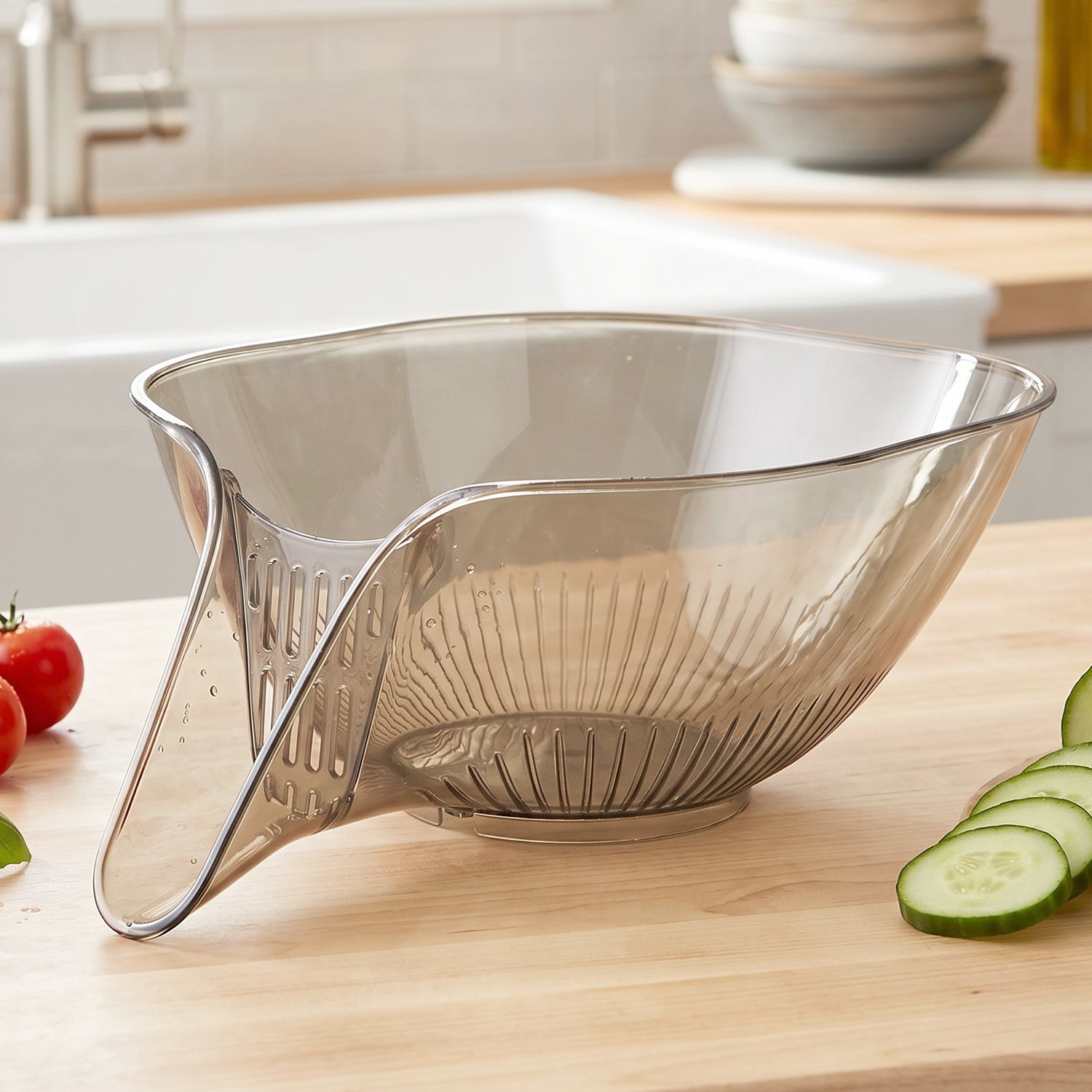 Practical kitchen drain basket simplifying food preparation tasks.