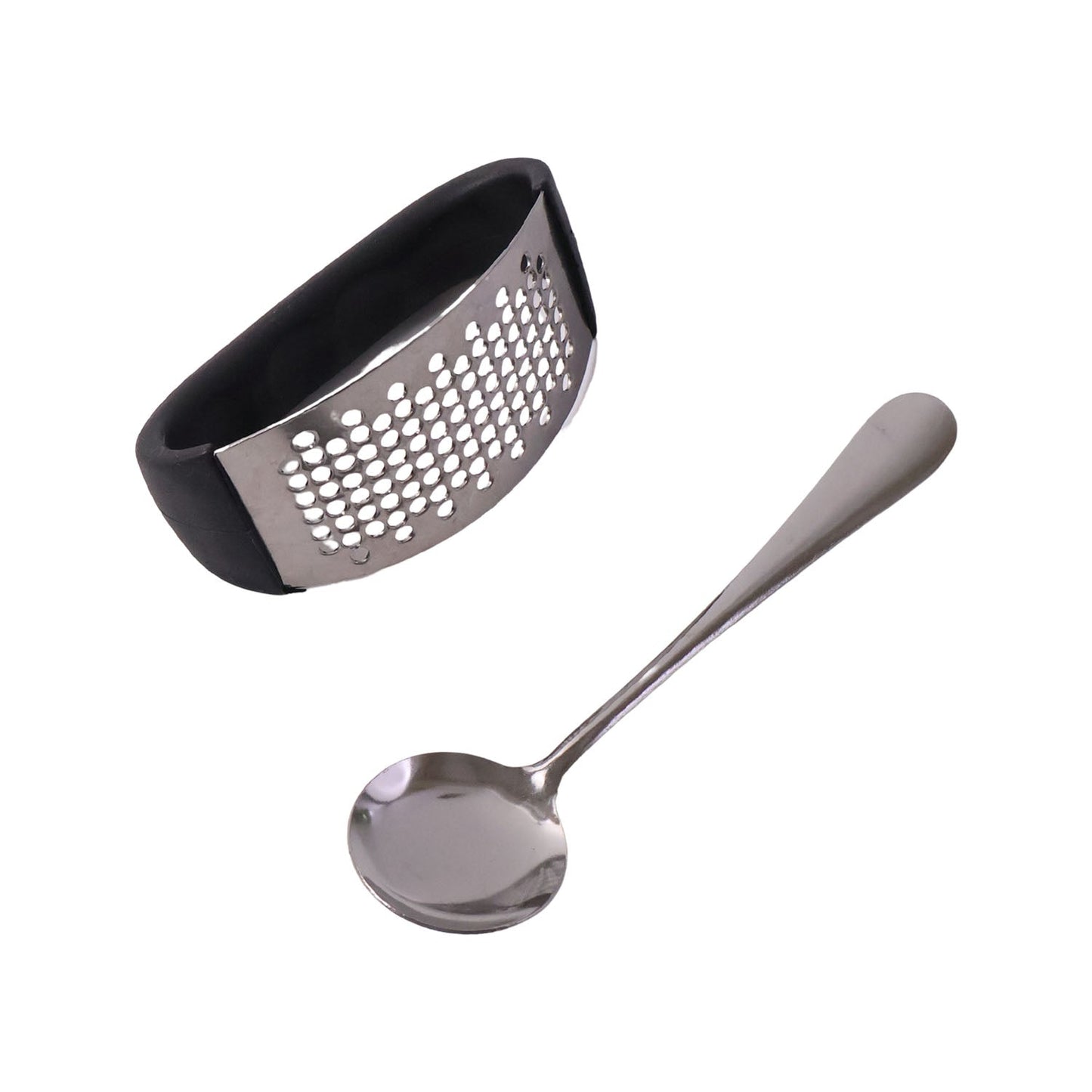 Compact garlic press and spoon set for efficient kitchen use