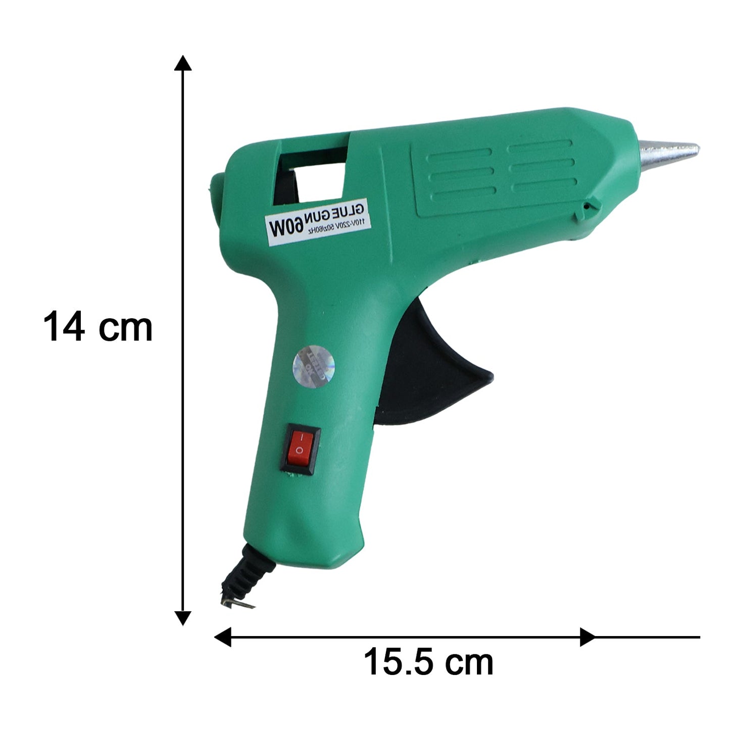 Diagram illustrating the compact dimensions of the 60 Watt hot melt glue gun, measuring 34x15x4 cm.