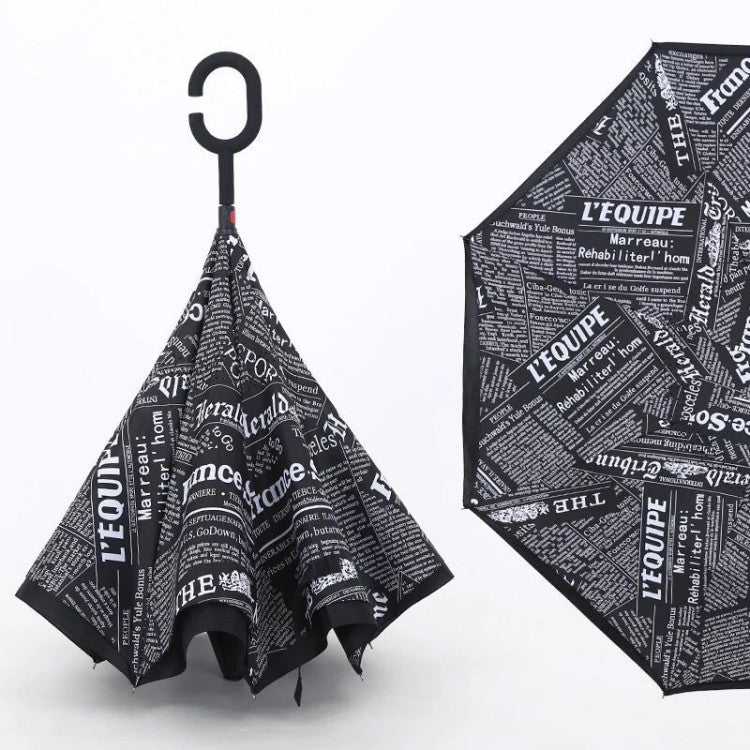 A reverse umbrella with a black and white newspaper print, shown both closed and partially open.
