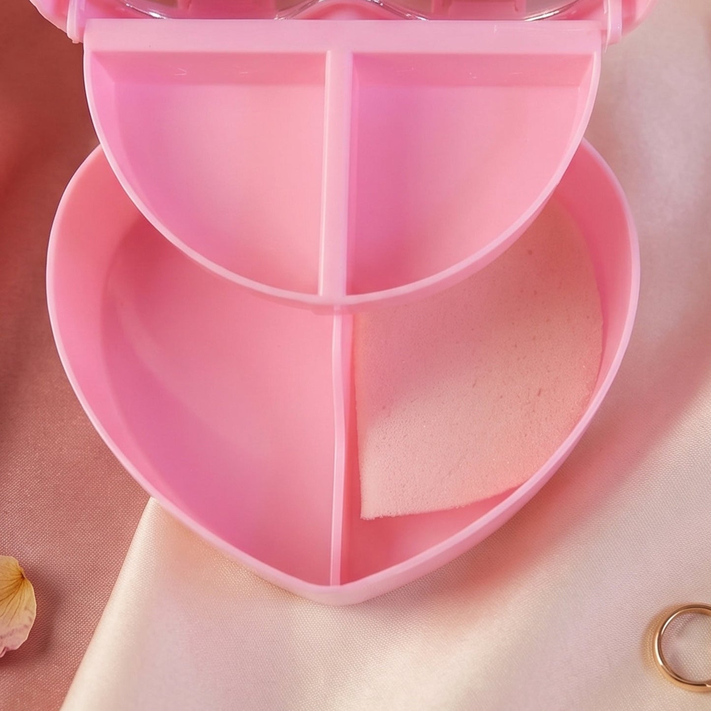 Side view of heart-shaped makeup storage box beauty accessories