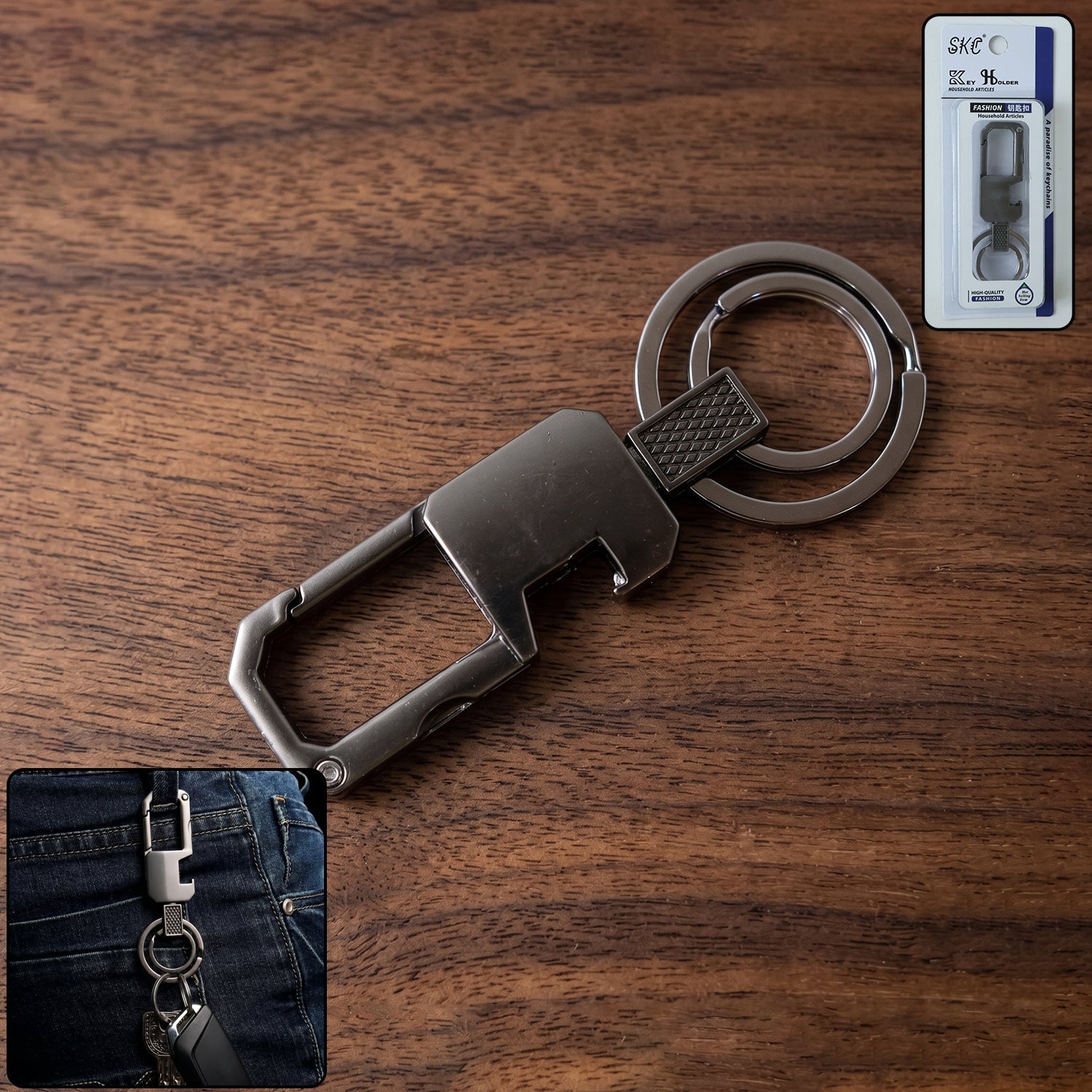 Heavy duty metal key holder featuring a secure carabiner clip and rotating mechanism.