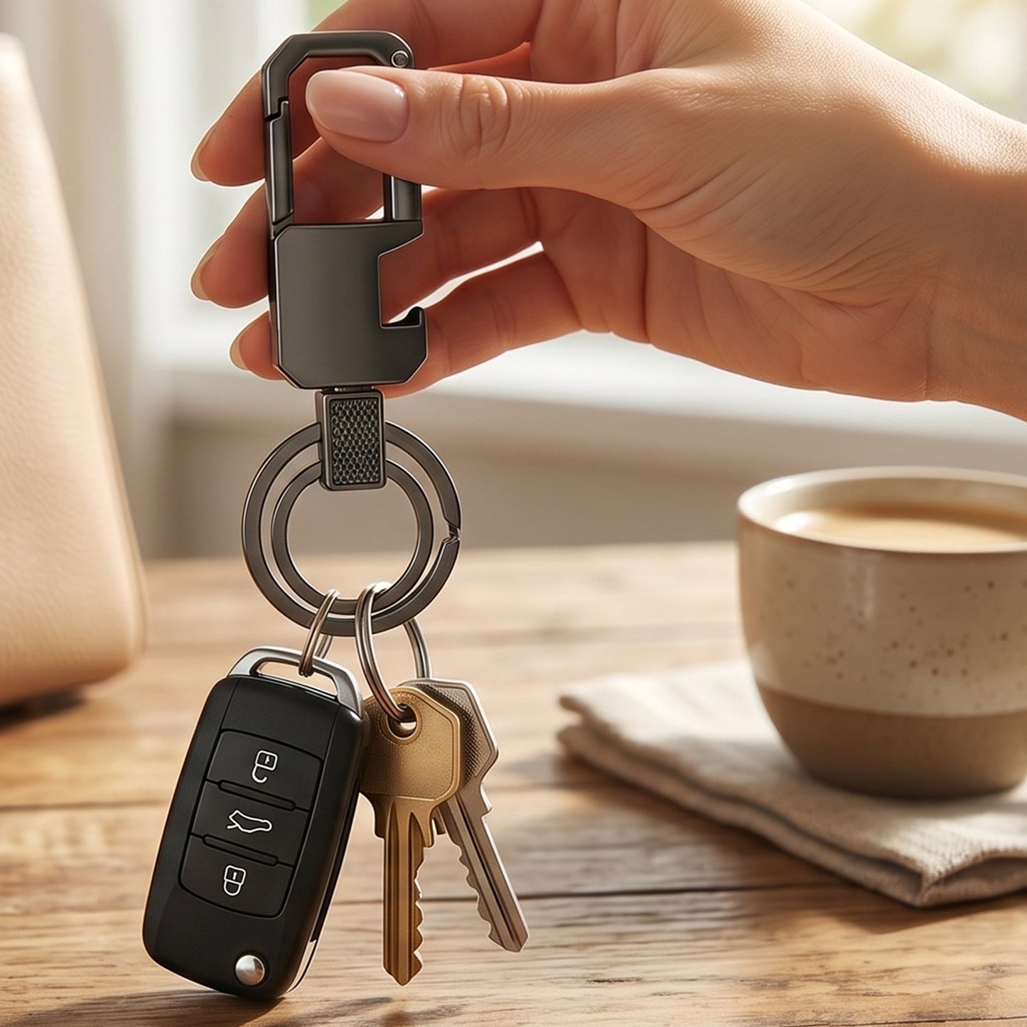 Stylish and compact metal keychain, ideal for travel and various outdoor activities.