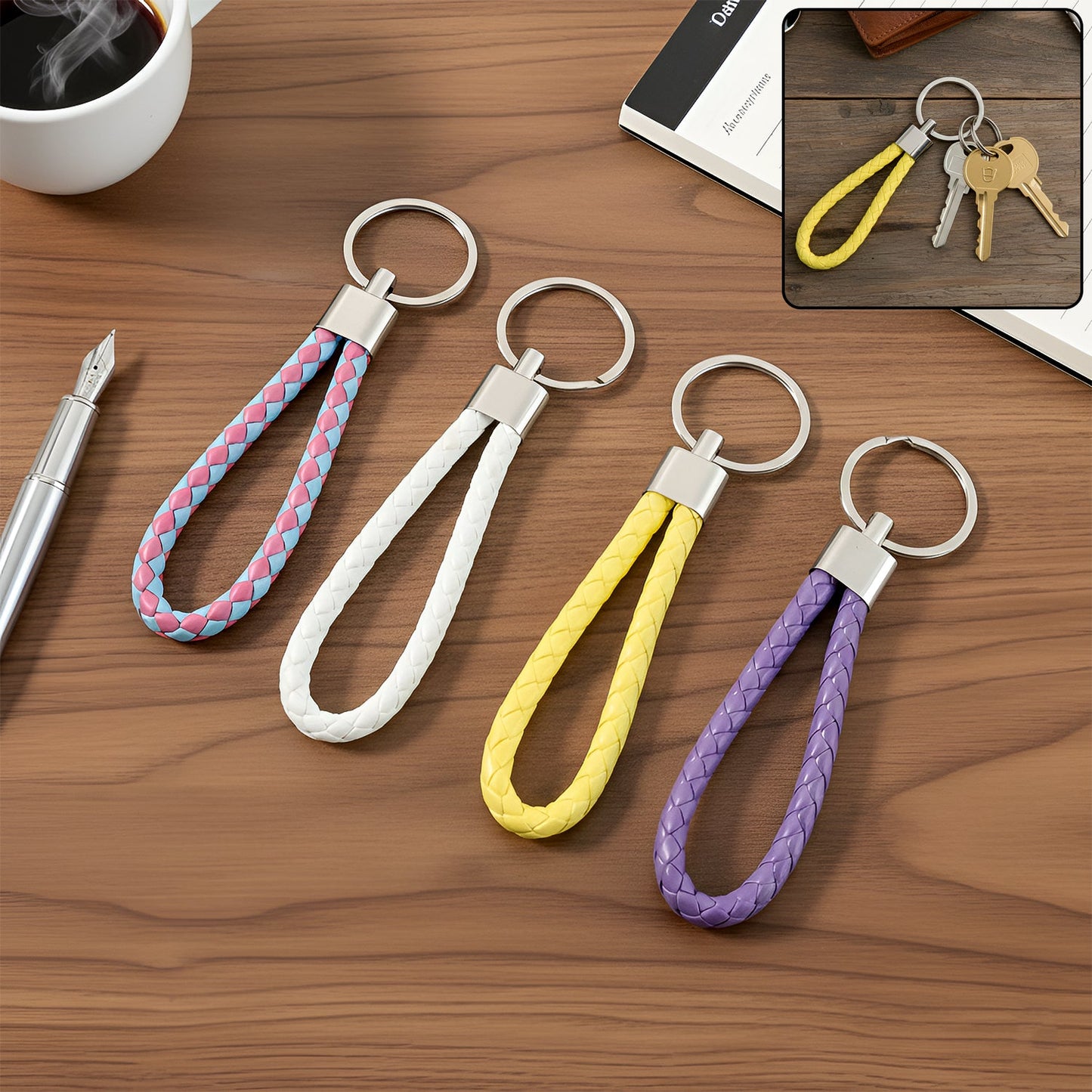 Braided loop keychain set with strong metal rings for organising keys