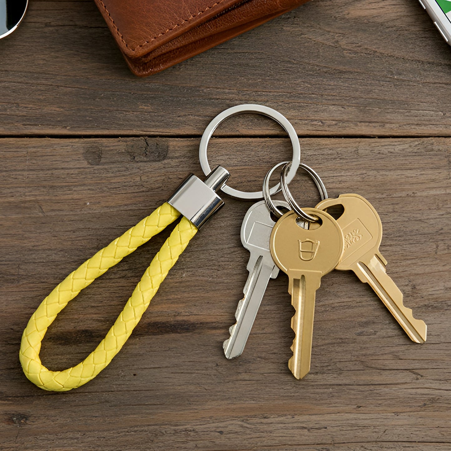 Close-up of a single braided loop keychain with a sturdy metal ring