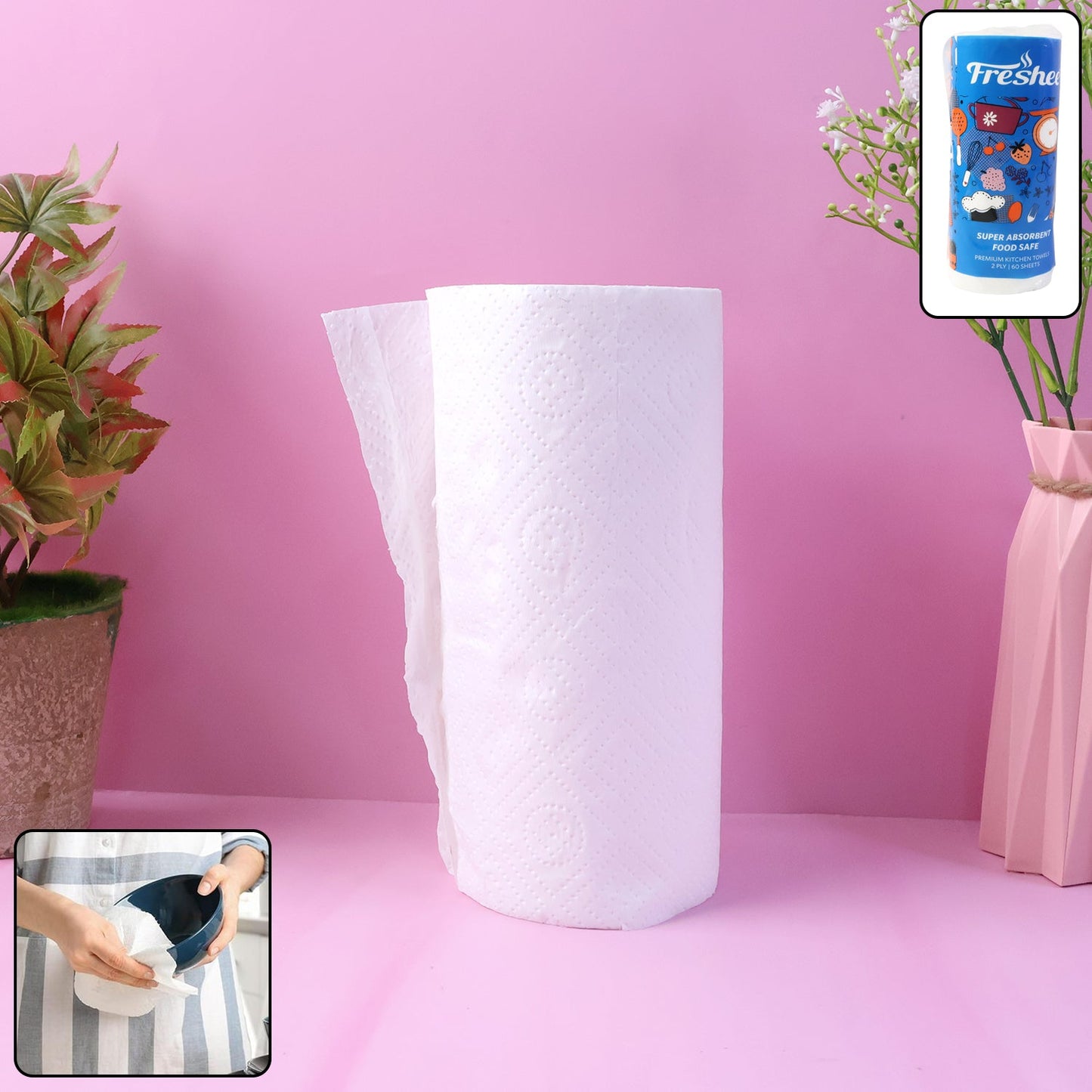 Single white sheet from a kitchen paper towel roll showing super absorbency and soft texture