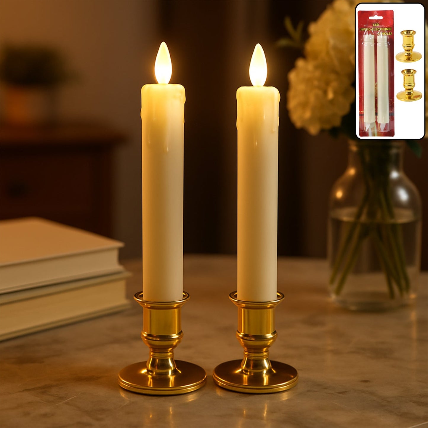 Set of 2 LED flameless taper candles with warm flickering flame effect for home décor