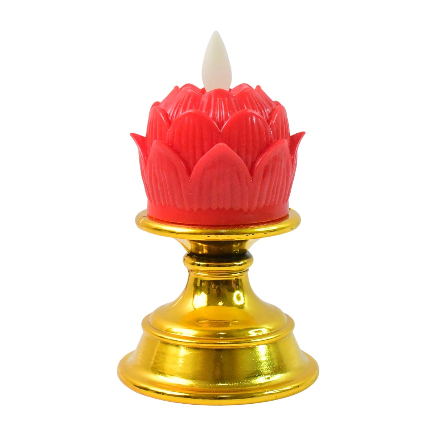 Battery operated lotus shaped LED candle offering safe, smokeless light with decorative holder