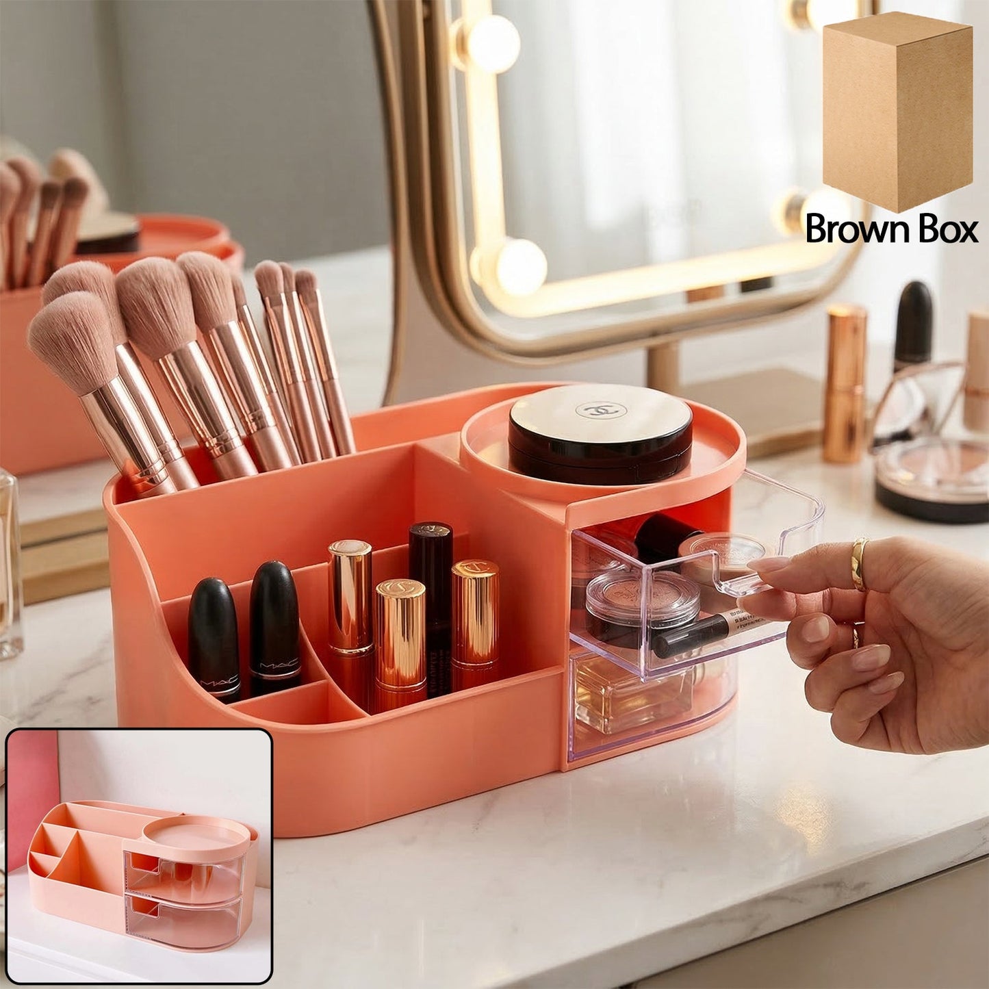 Pink cosmetic organizer with multiple compartments and brush holder