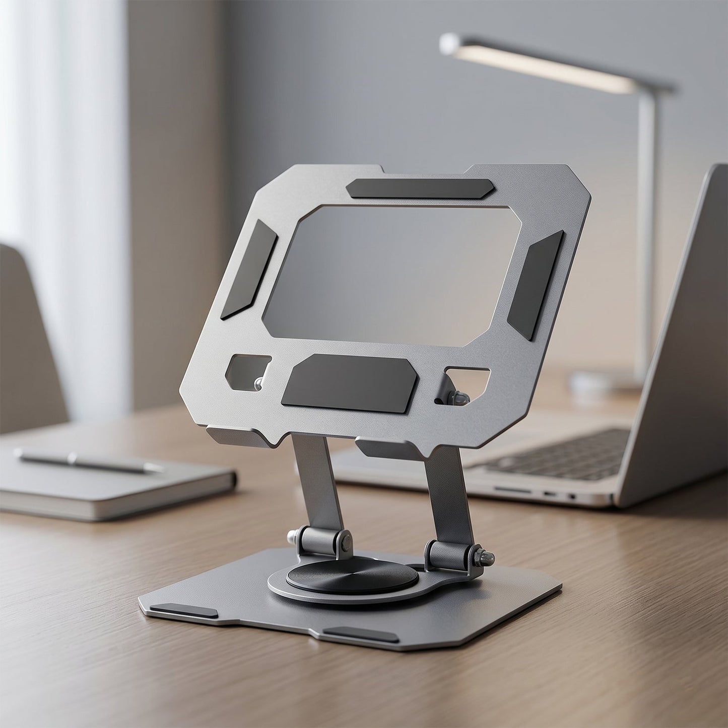 Side view of adjustable foldable metal stand