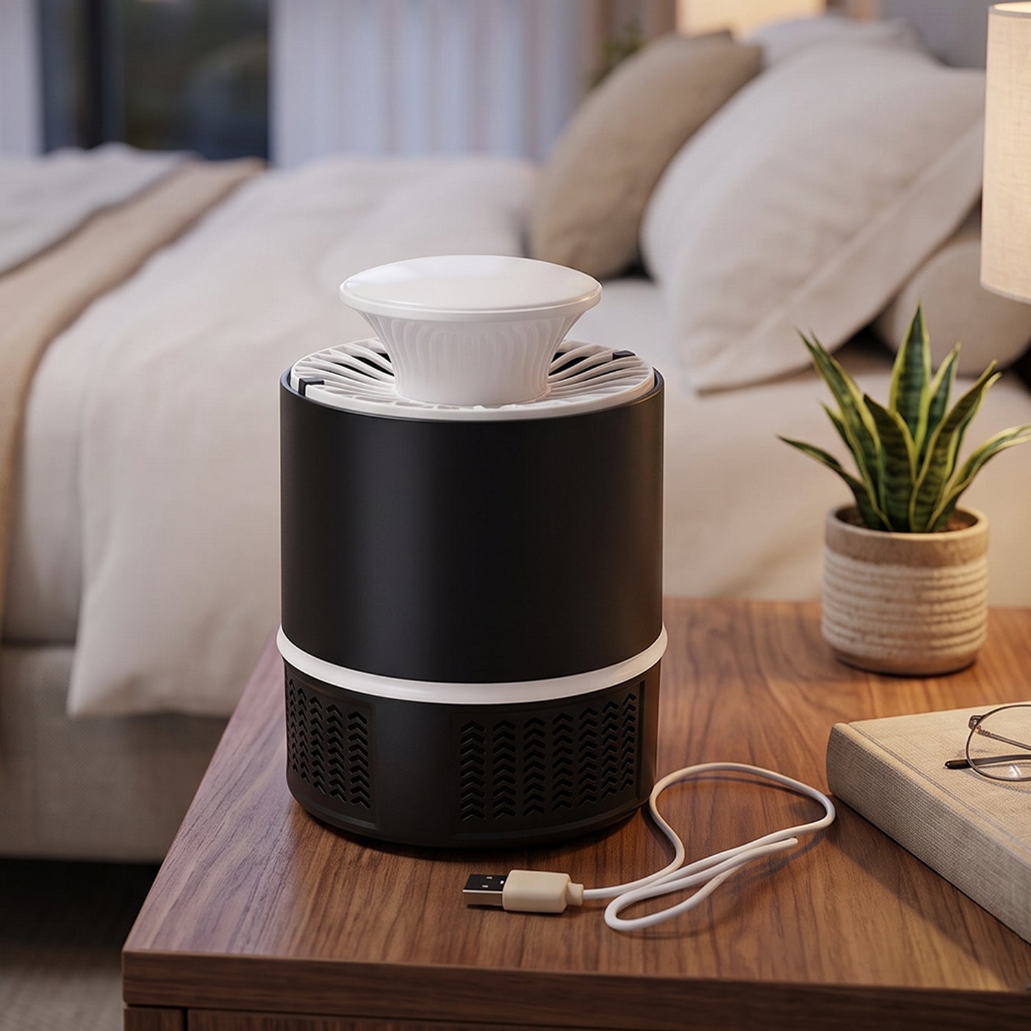 A black and white Mosquito Killer Lamp with a USB cable on a wooden nightstand with a plant and book.