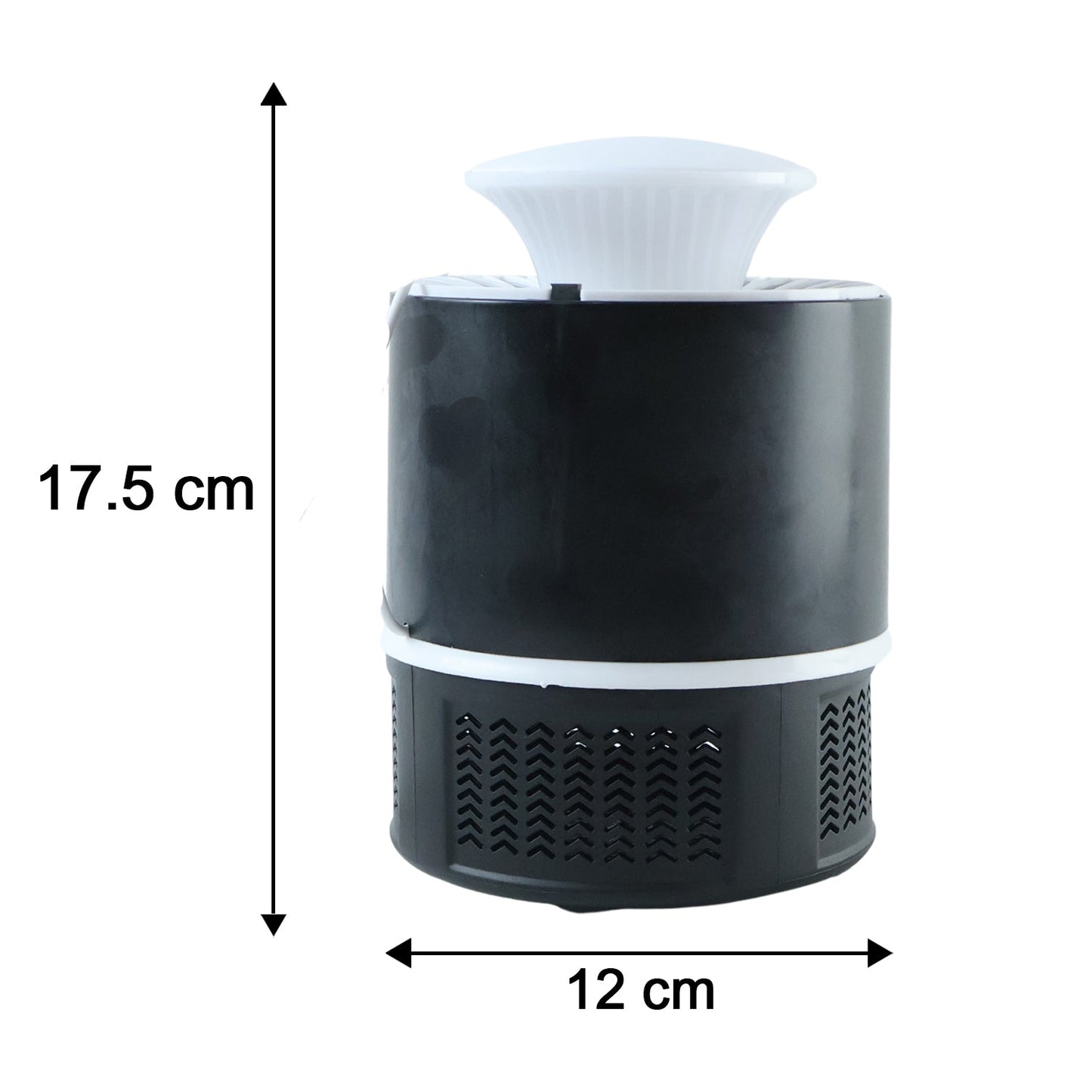 A black and white Mosquito Killer Lamp with dimensions of 17.5 cm height and 12 cm width shown on a white background.