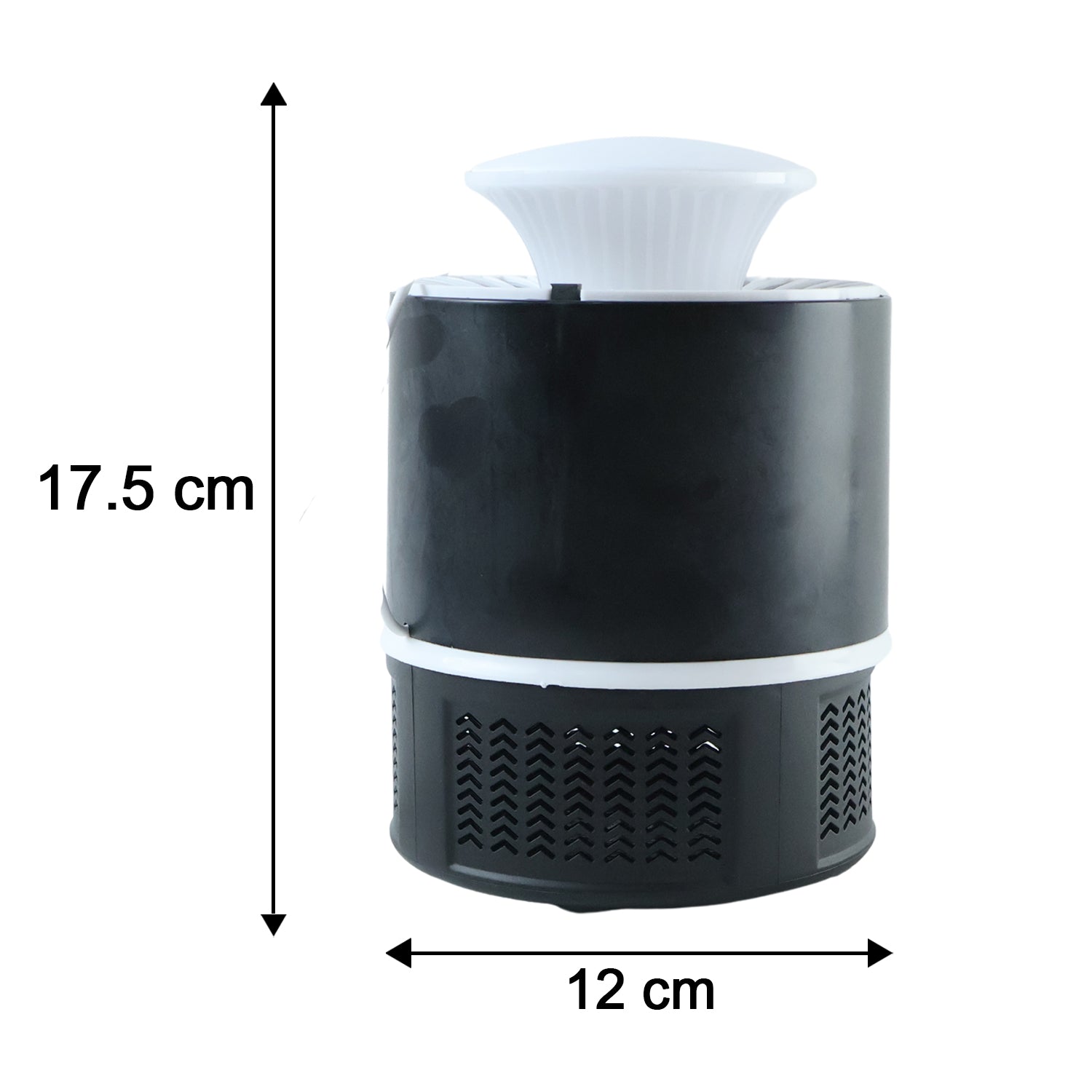 A black and white Mosquito Killer Lamp with dimensions of 17.5 cm height and 12 cm width shown on a white background.