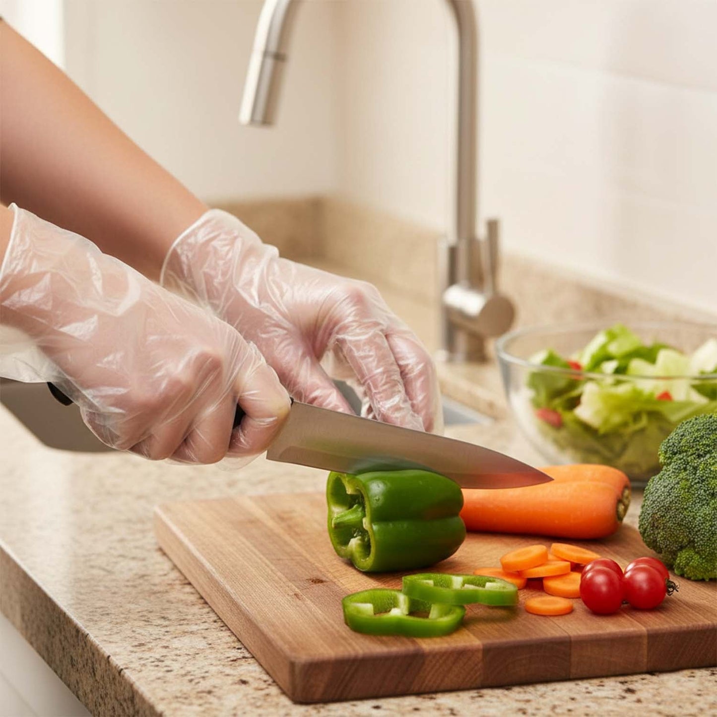Kitchen gloves in clear plastic suitable for hygienic tasks