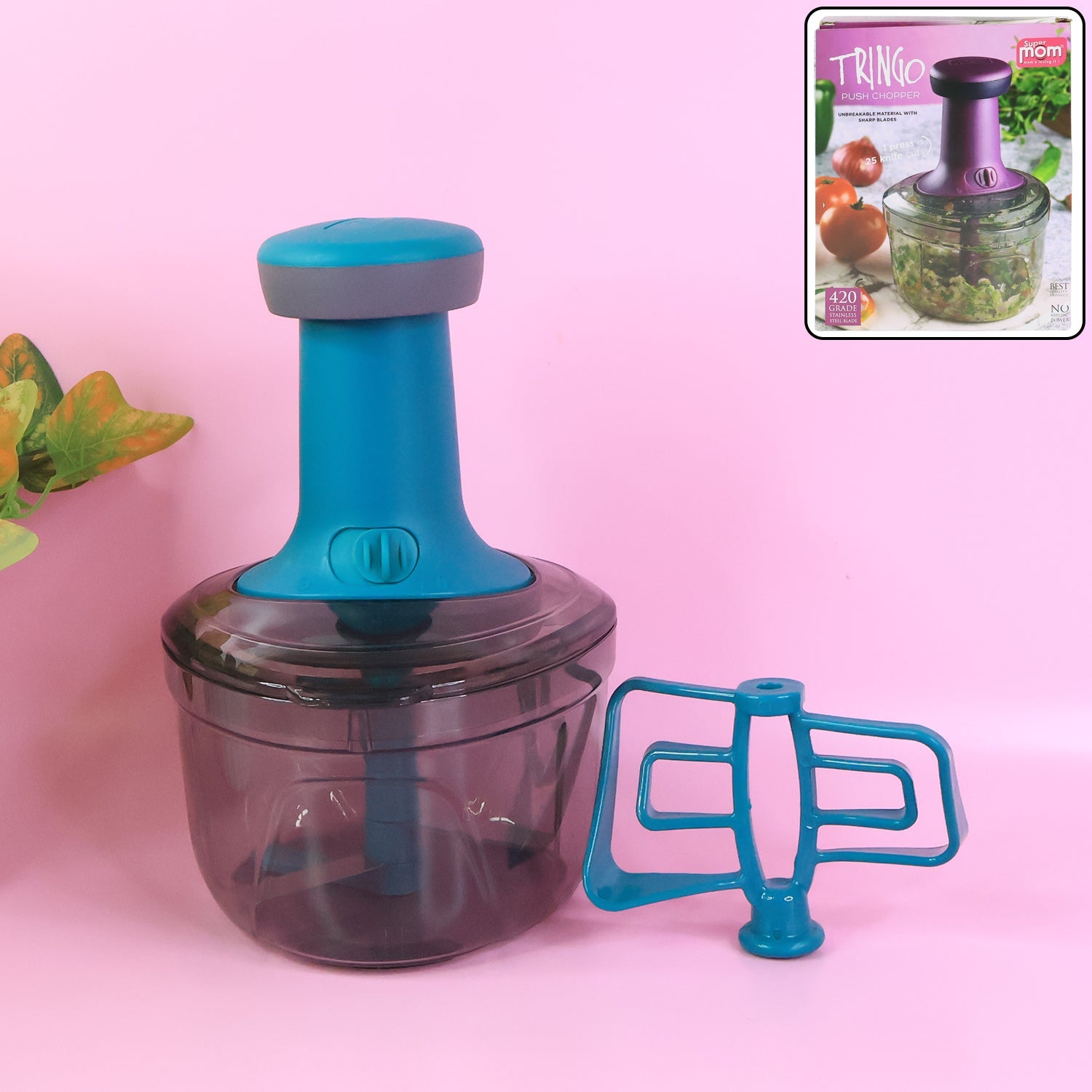 Push chopper manual vegetable cutter with transparent container and stainless steel blades.