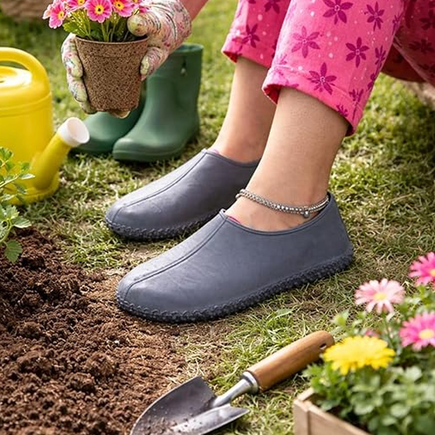 A person in pink floral pants and gray silicone foot protectors gardens, holding a potted plant, with a trowel nearby.