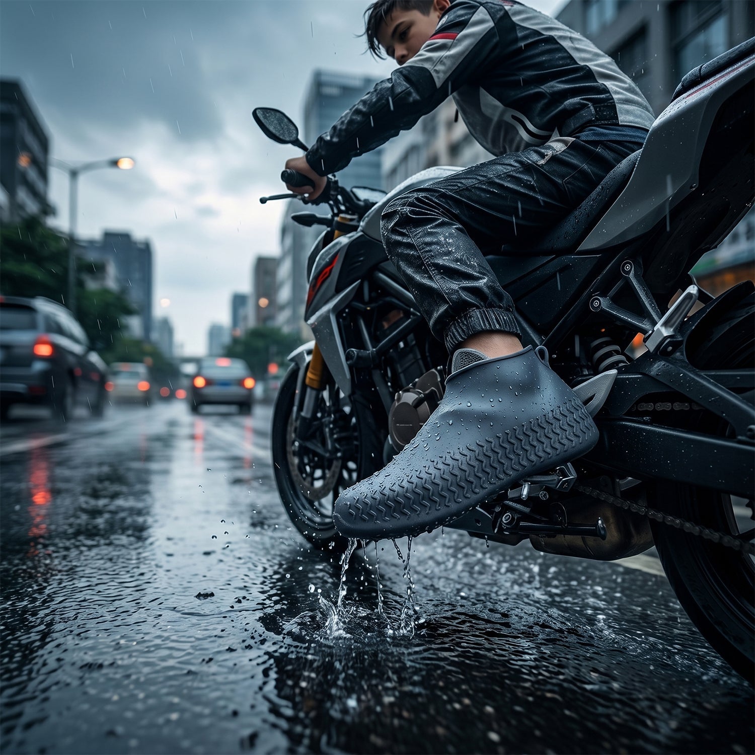 A person on a motorcycle wears a gray silicone foot protector on a wet city street, with water splashing around the foot.