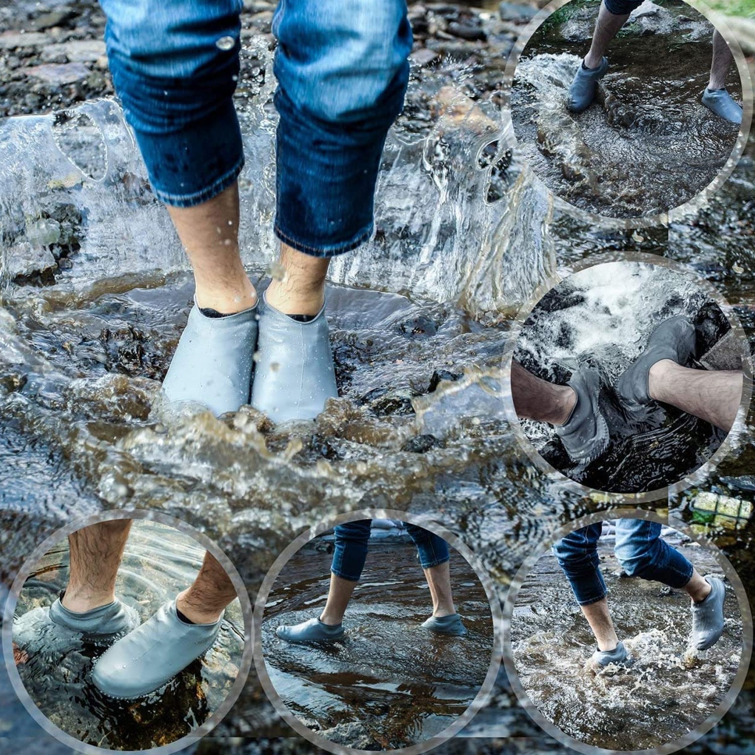 A collage shows a person wearing gray silicone foot protectors, walking and splashing through shallow water.