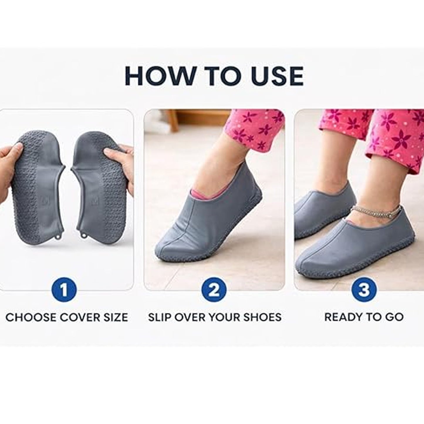 A three-panel guide shows how to use the gray silicone foot protectors: choose size, slip over shoes, and ready to go.
