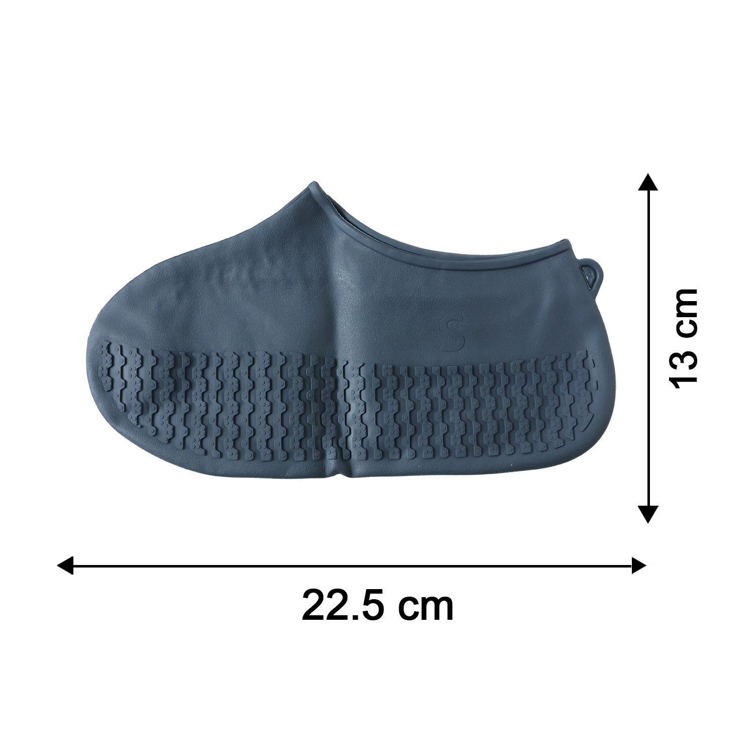 A single gray silicone foot protector with a textured sole is displayed with measurements of 22.5 cm length and 13 cm height.