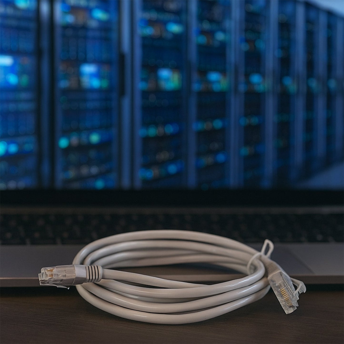 Close-up of RJ45 connector on high-speed Ethernet cable