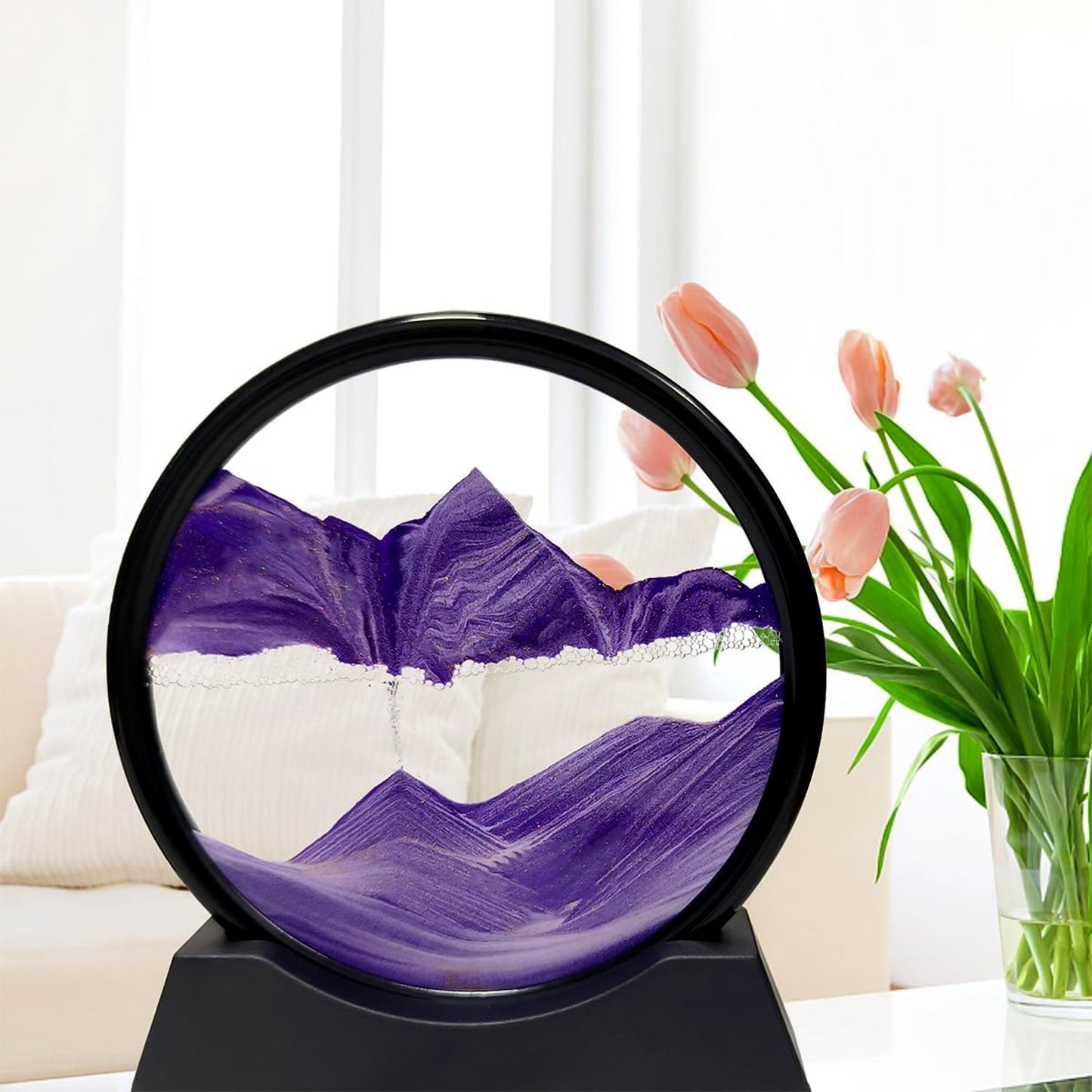 Decorative Moving Sand Art hourglass, showcasing the mesmerizing sand flow for a calming effect.