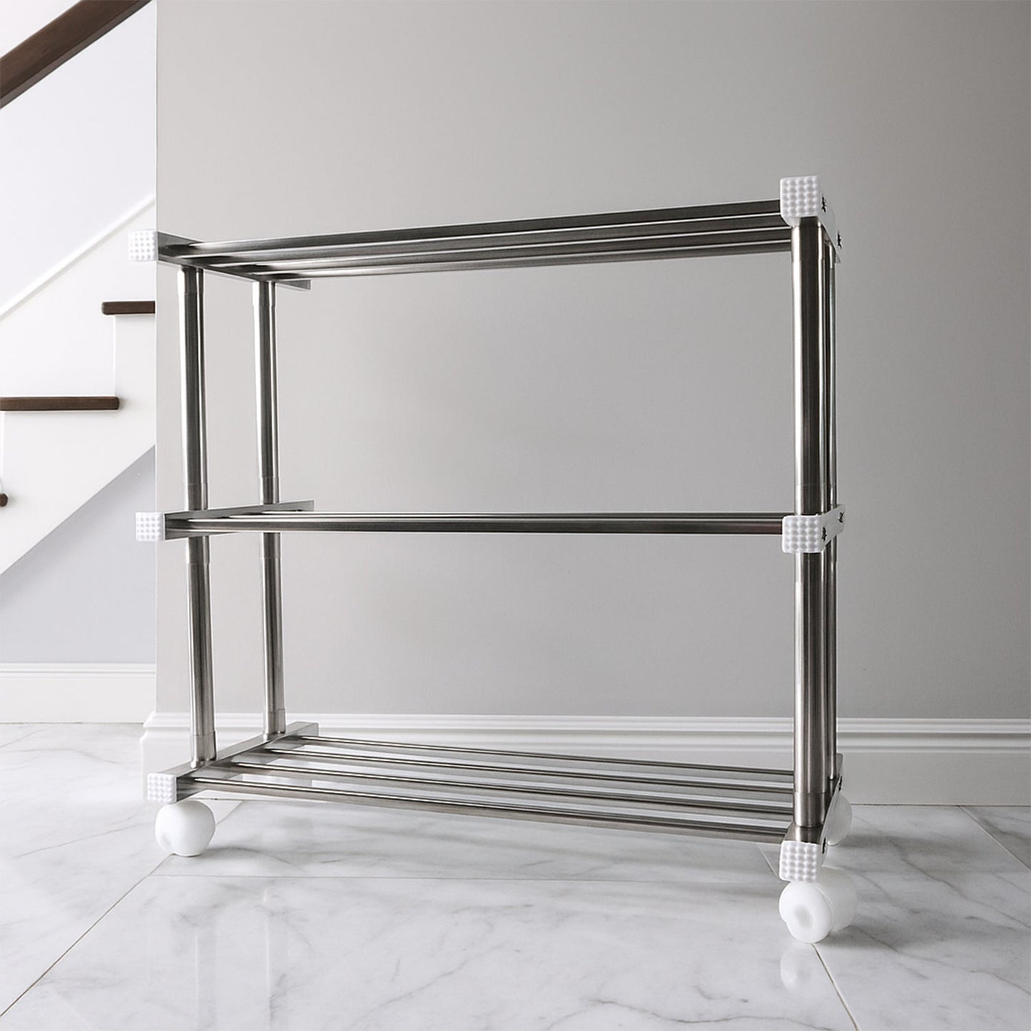 Side profile of rust-resistant stainless steel shoe storage rack