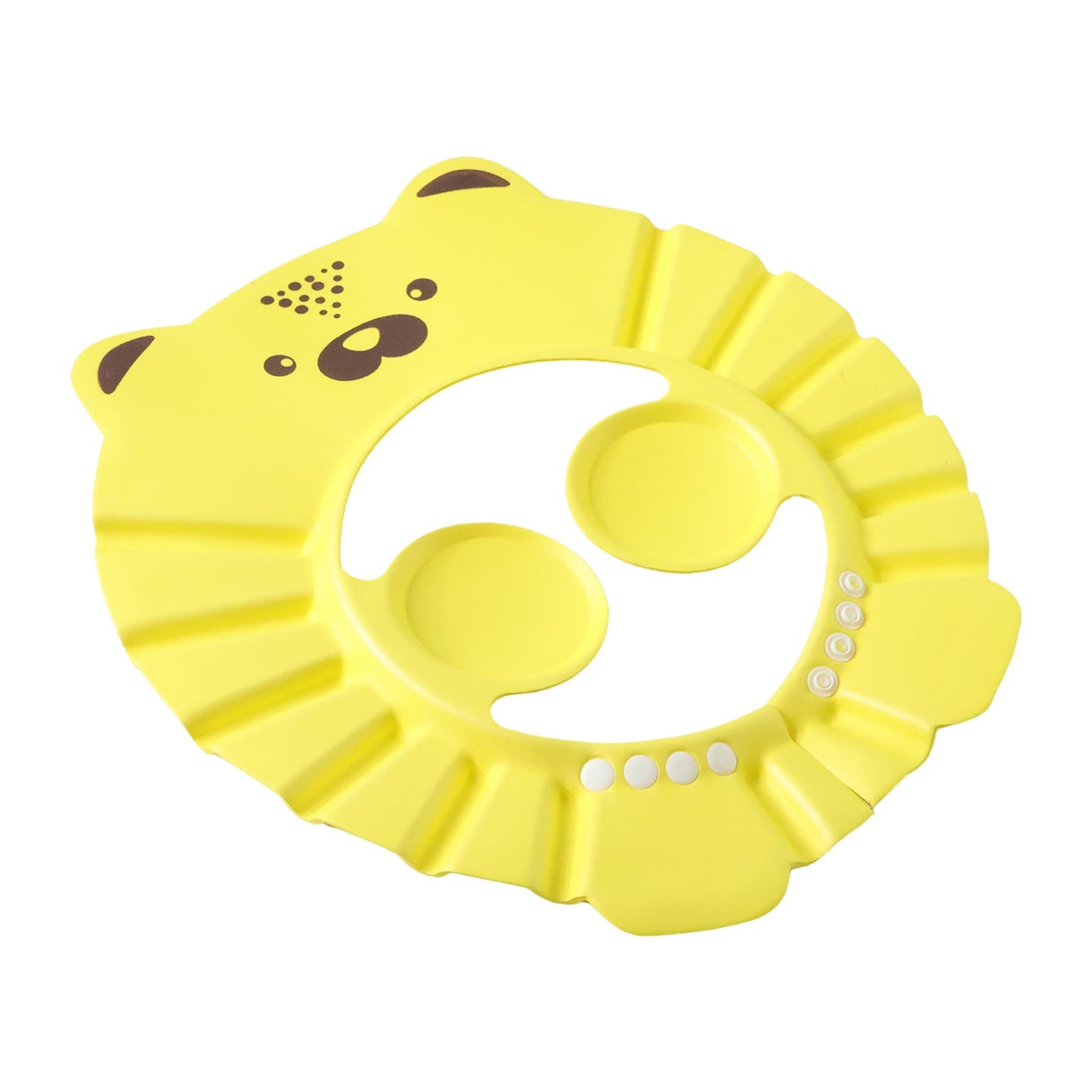 A toddler smiles while wearing a bath shower cap with a fun cartoon design, ensuring happy baths.