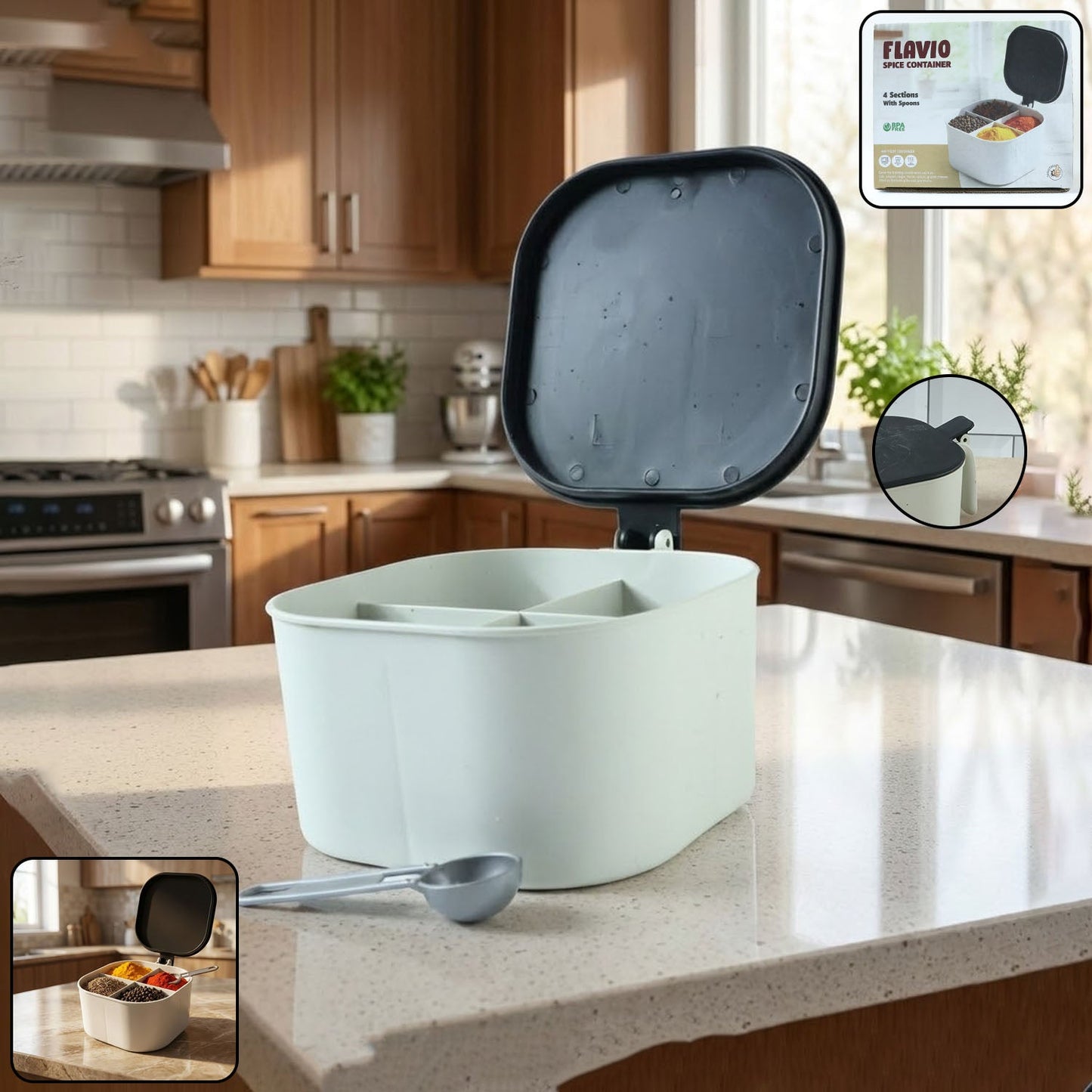 Closed Organivo 4-section masala box for tidy spice storage.
