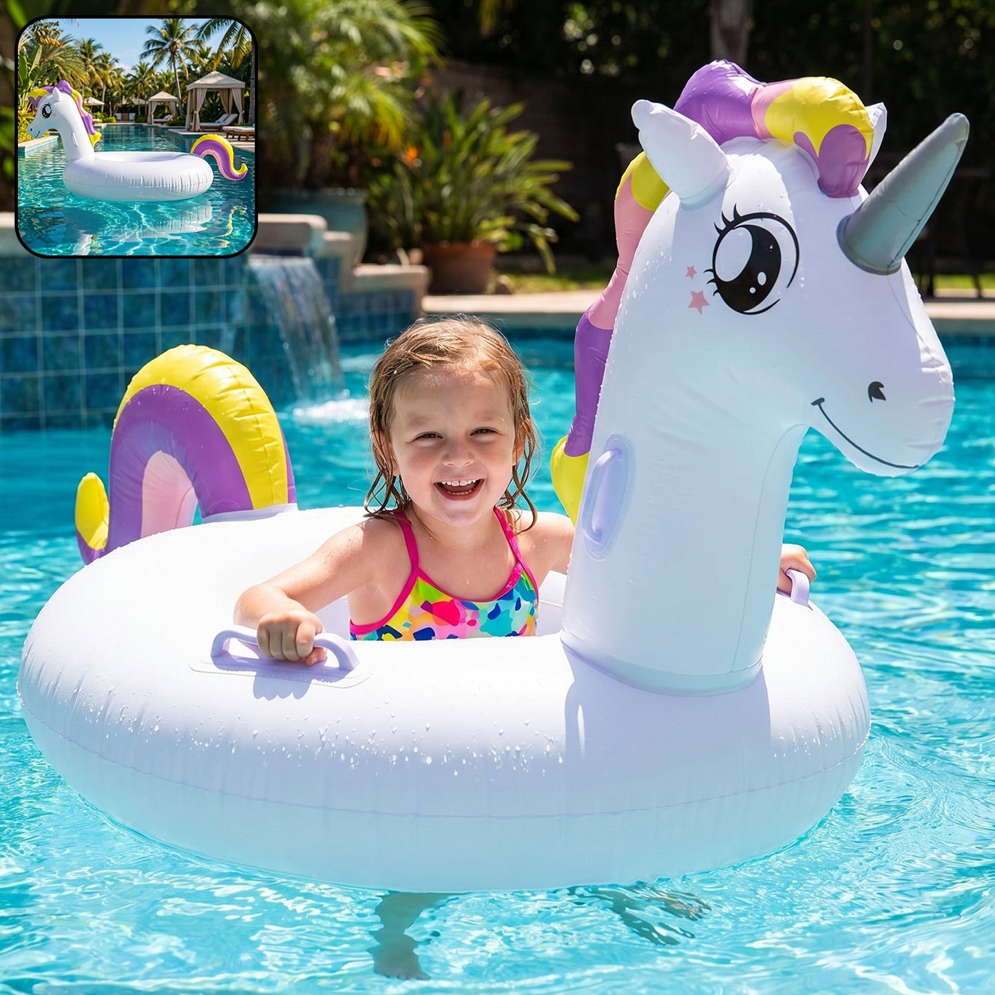 Children's inflatable pool float with unicorn design and safety handles