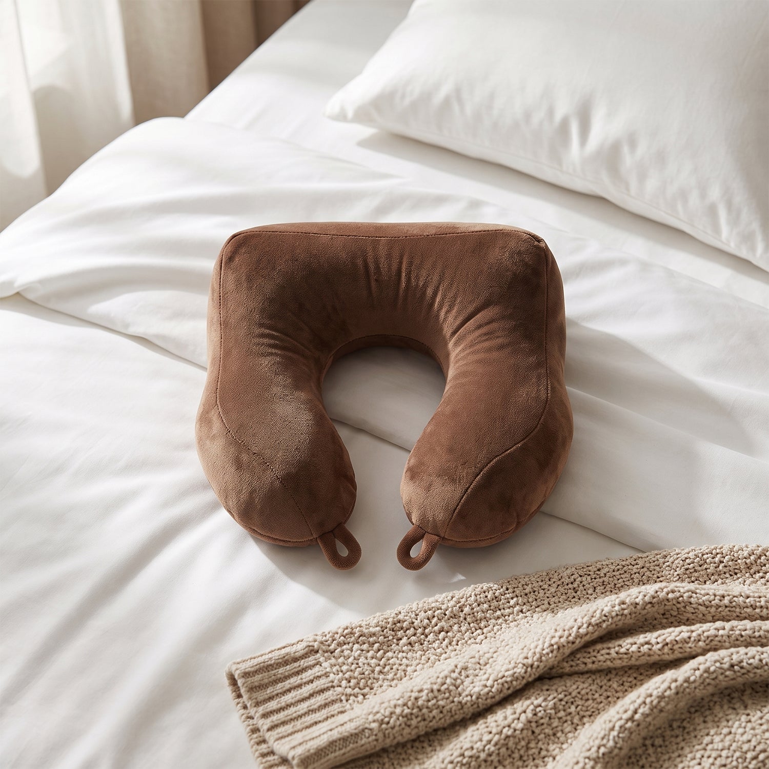 Portable U shaped pillow with soft brown cover