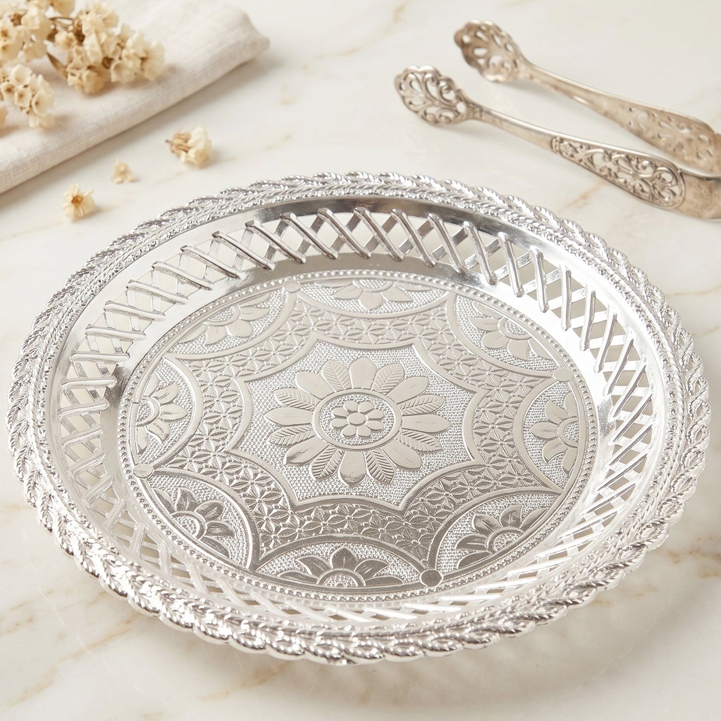 Silver serving tray white bg
