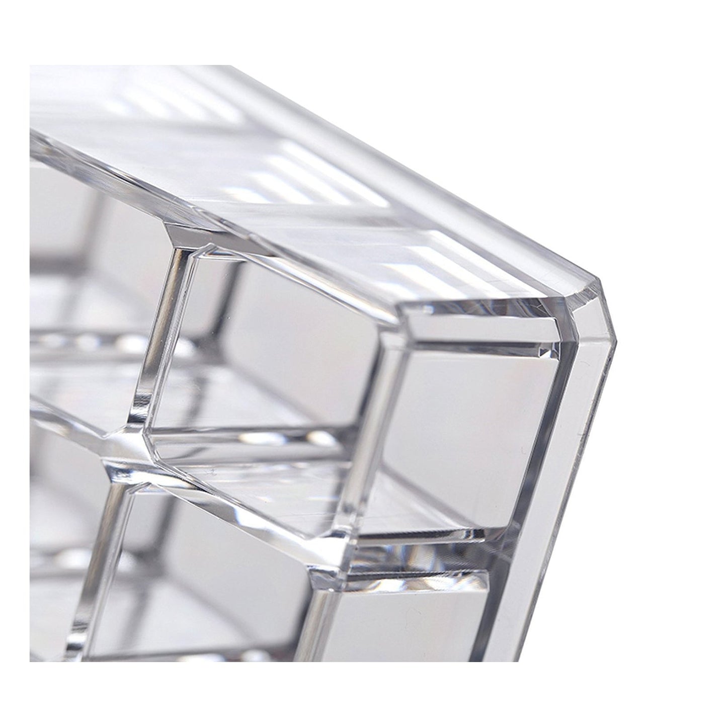Clear acrylic display stand for cosmetics with 24 compartments, emphasizing its practical use for daily makeup.