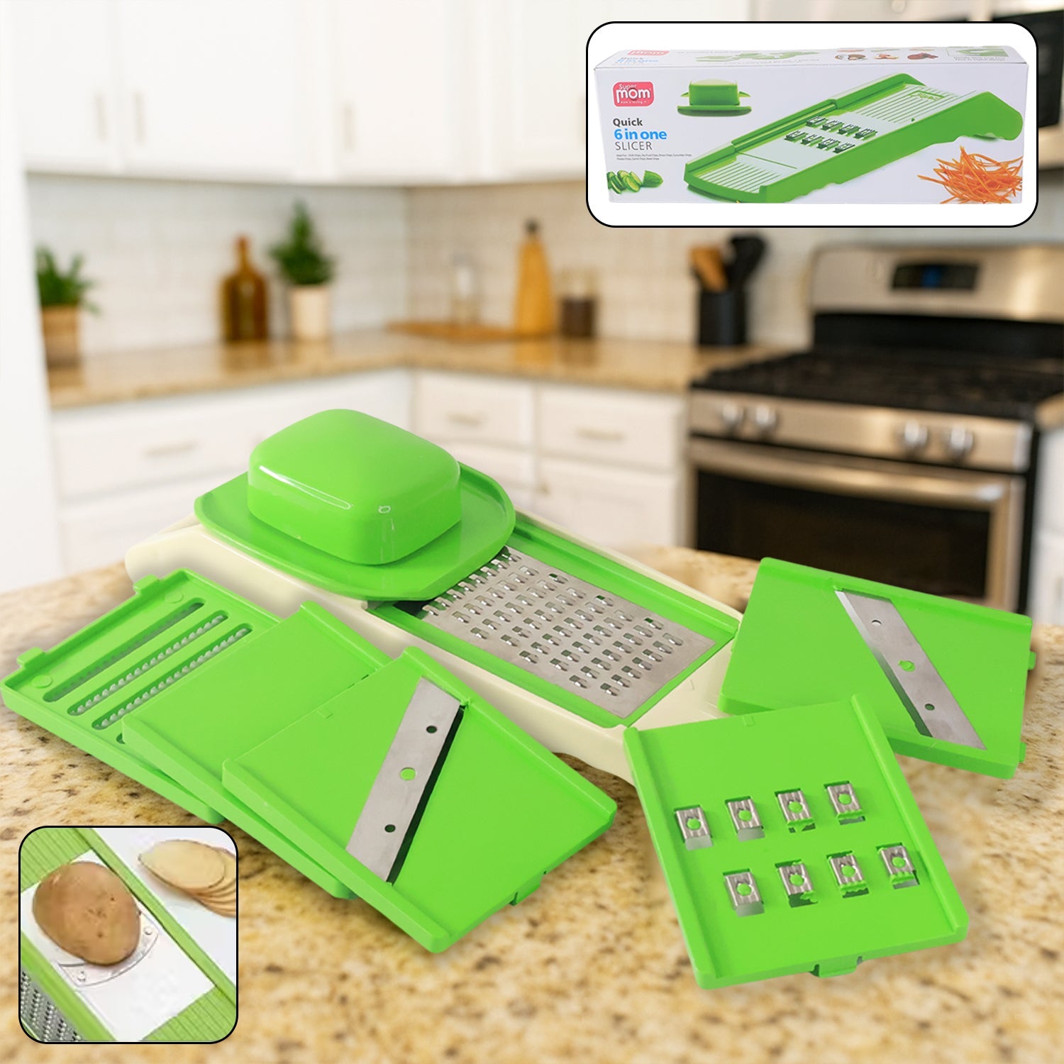 6-in-1 vegetable slicer with stainless steel blades on kitchen counter