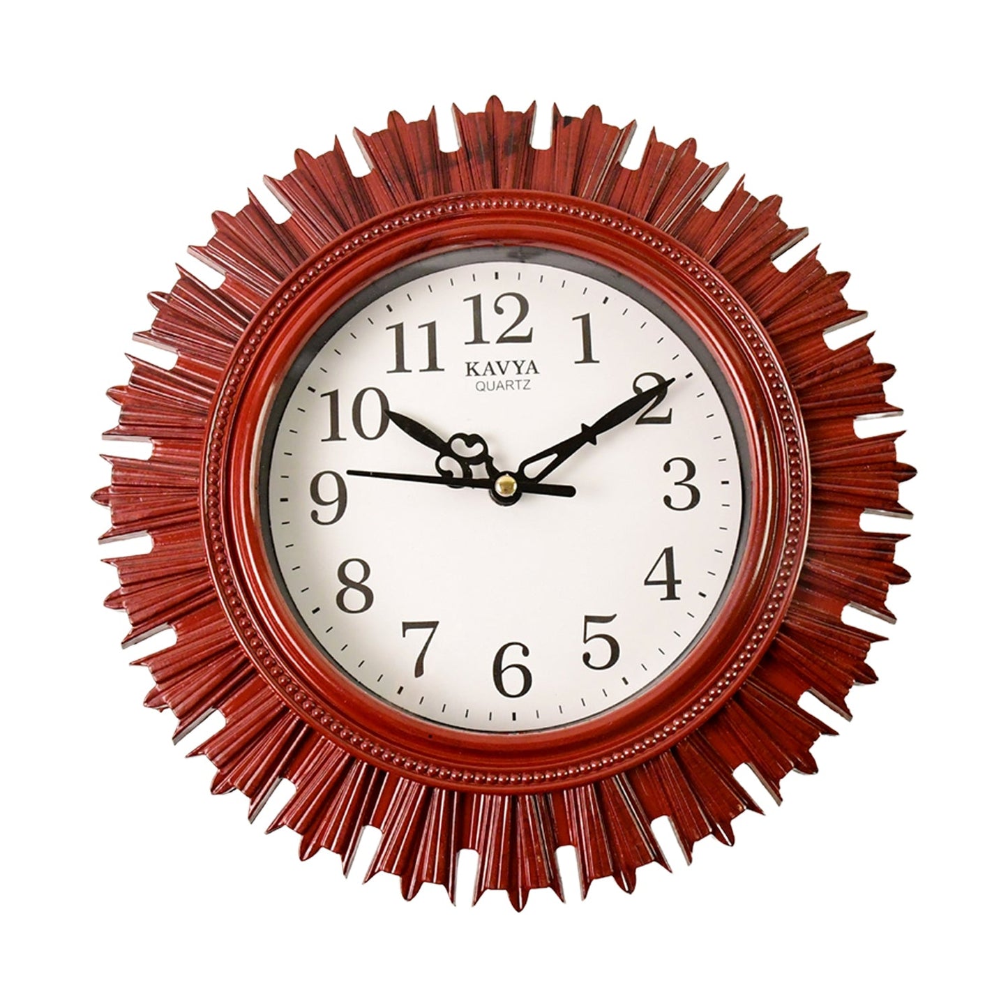 Front view of the battery operated wooden look wall clock, ready to adorn any wall.