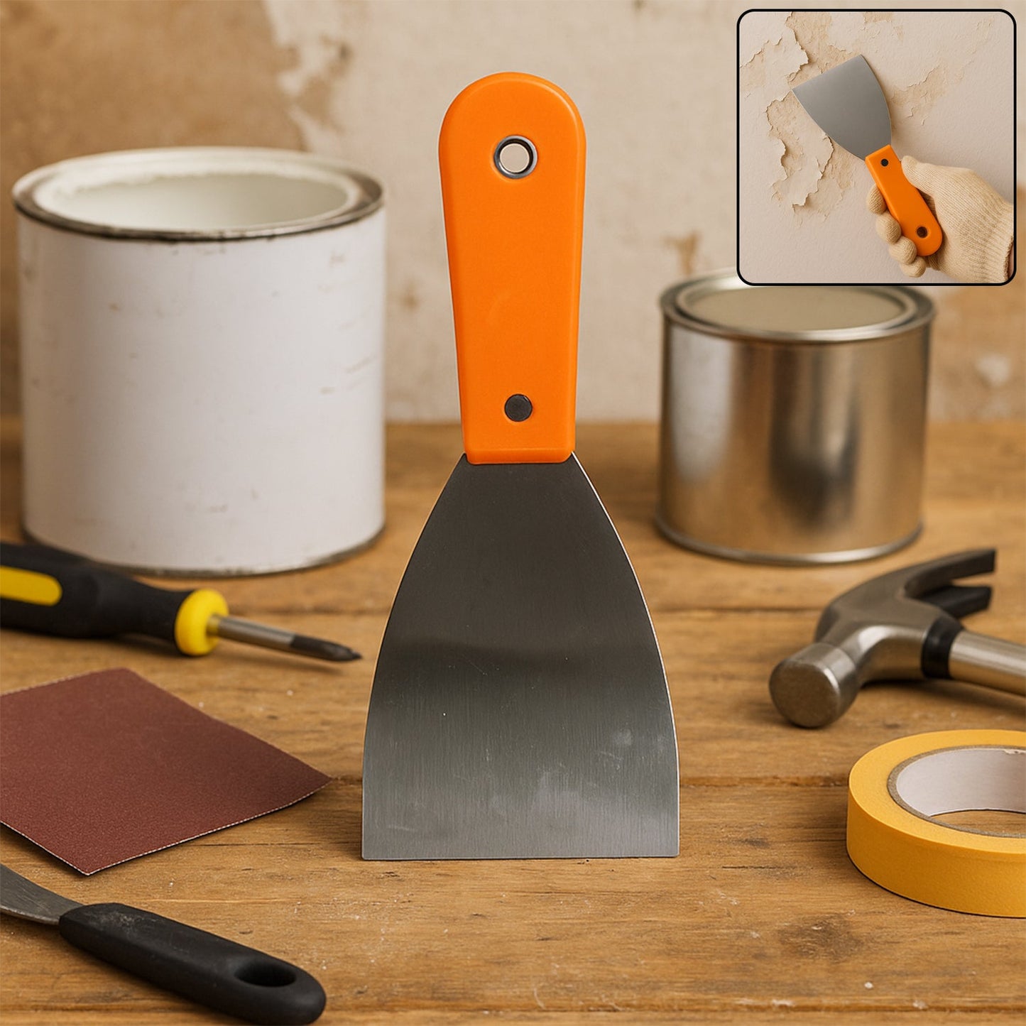 Putty knife with a soft rubber handle and flexible blade, ideal for drywall and painting tasks.
