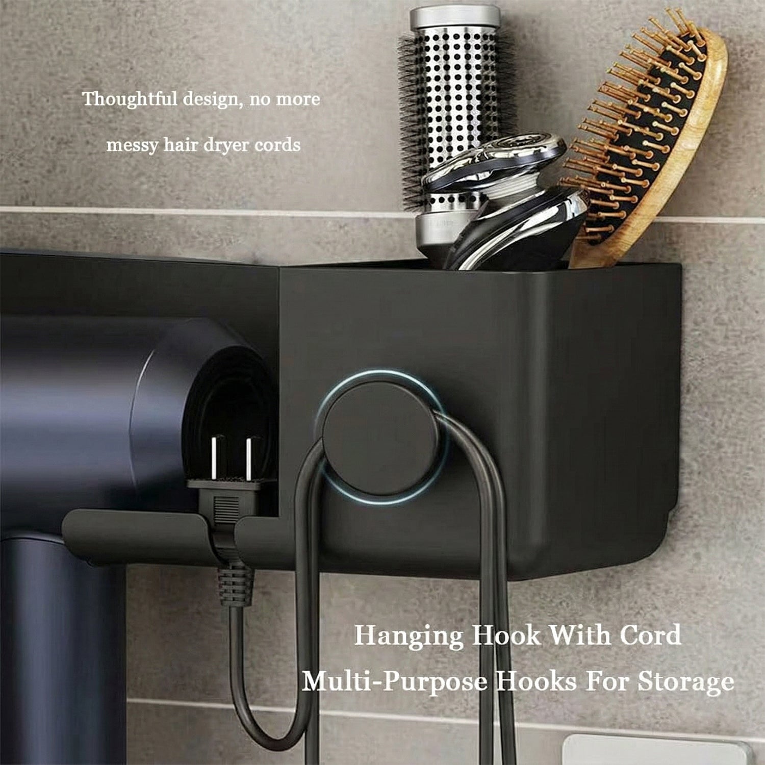 Hair dryer hanging rack with additional storage compartments and hook