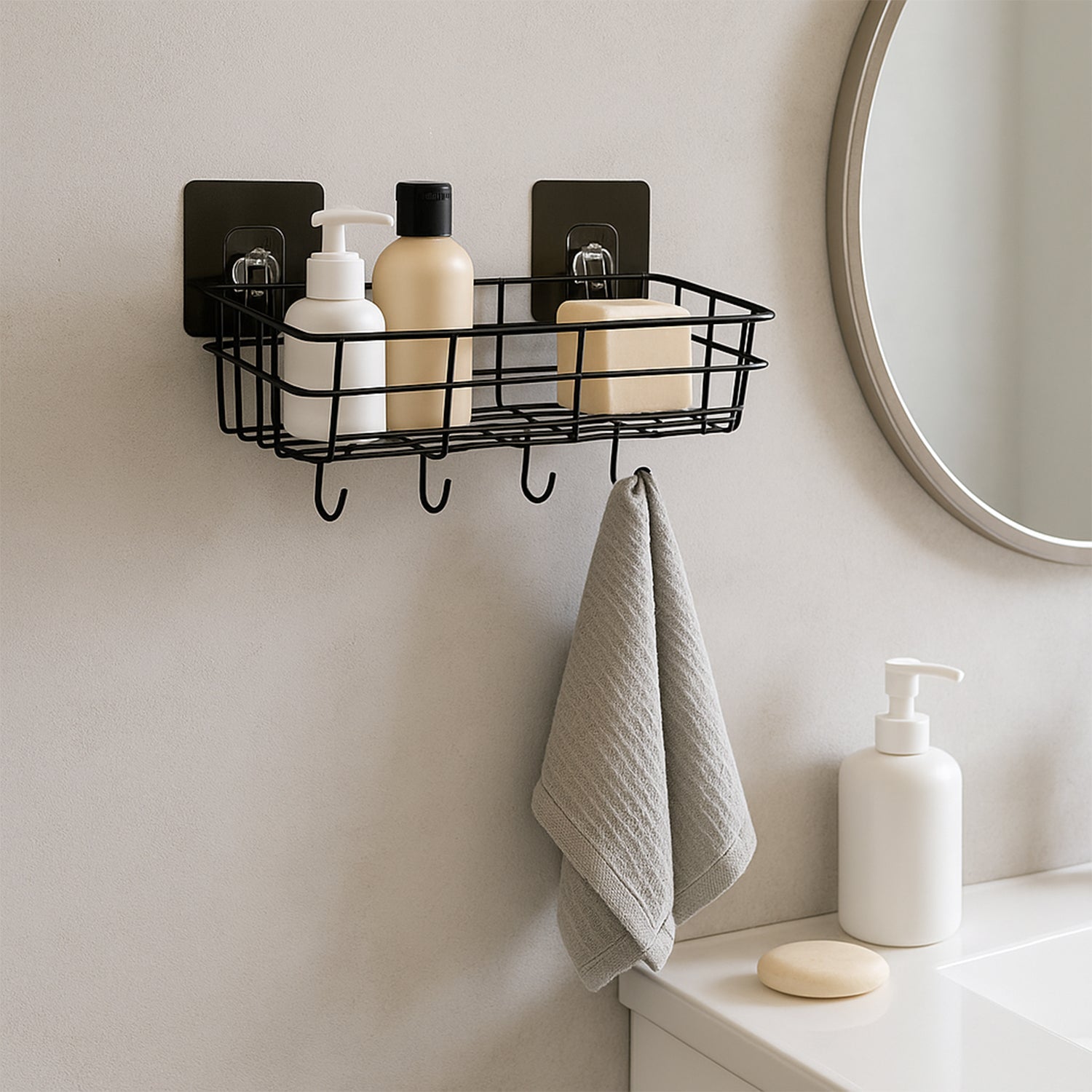 Wall-mounted metal wire storage basket ideal for kitchen or bathroom