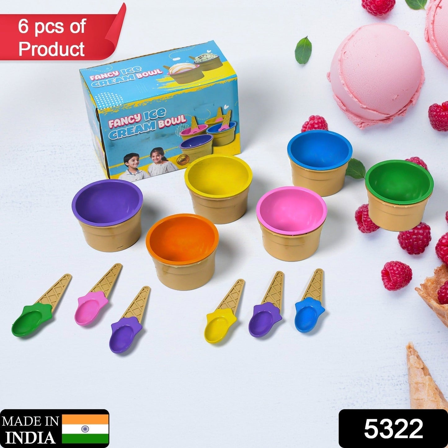 Close-up of vibrant plastic ice cream bowls with matching spoons