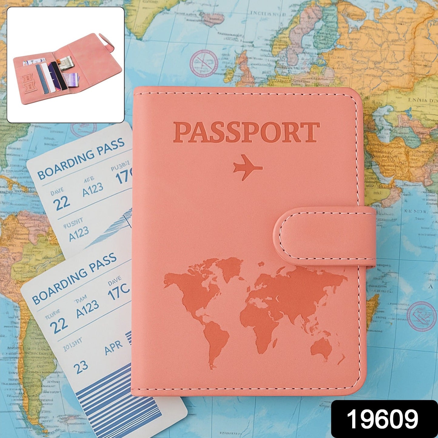Stylish travel wallet with world map print organizing passport and cards
