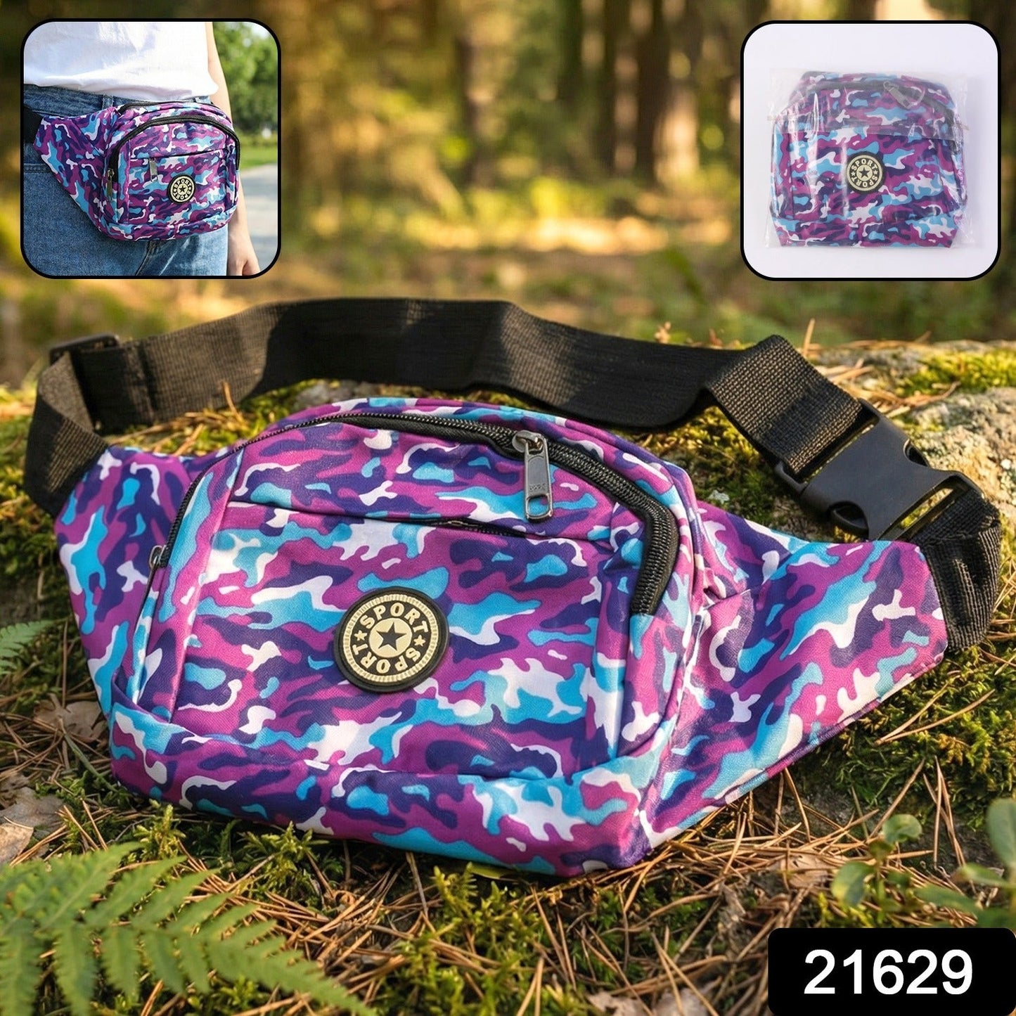 Camouflage print waist bag showing adjustable belt strap design